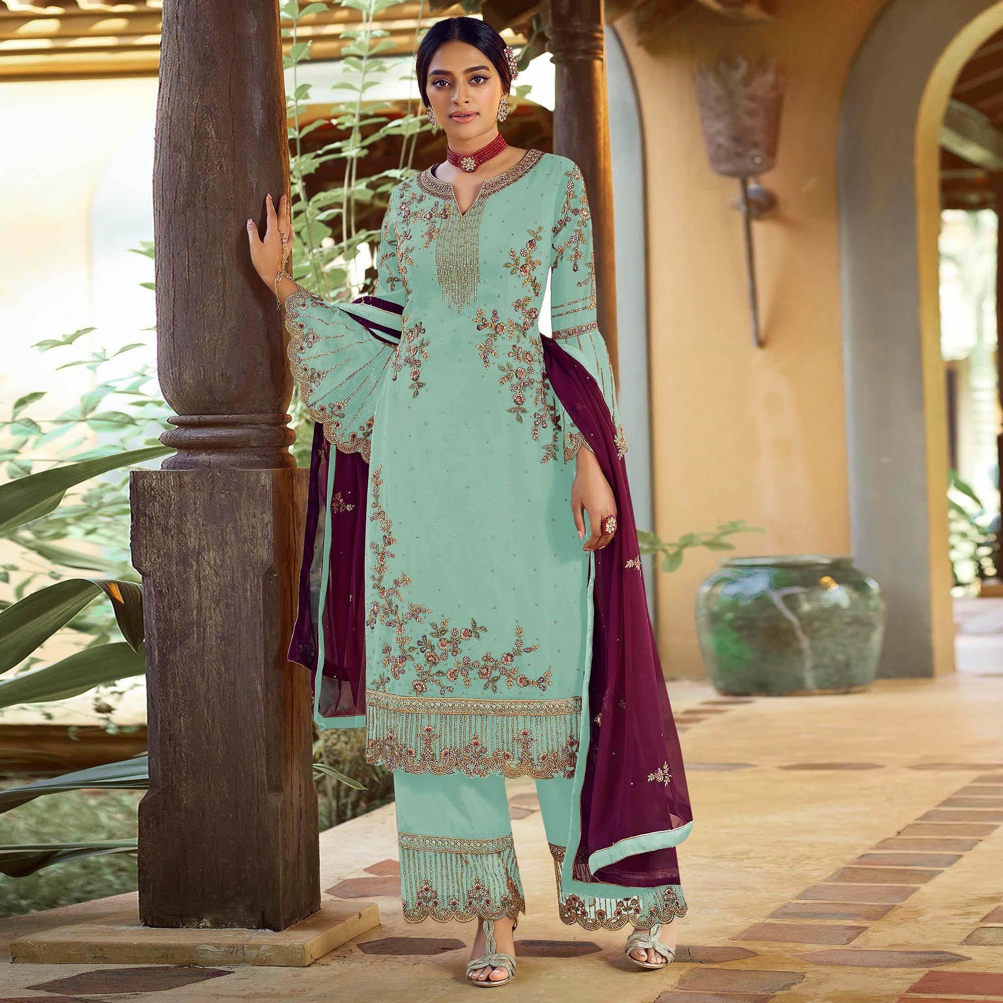 Rama Blue Festive Wear Floral Embroidered Straight Faux Georgette Palazzo Style Suit - Peachmode