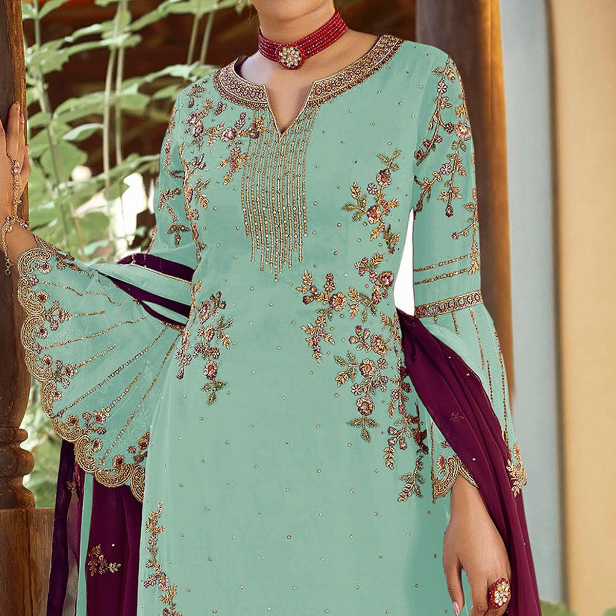Rama Blue Festive Wear Floral Embroidered Straight Faux Georgette Palazzo Style Suit - Peachmode
