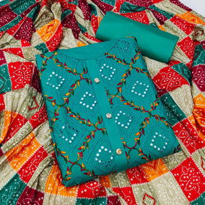 Rama Blue Festive Wear Heavy Embroidered & Mirror Work Cotton Dress Material - Peachmode