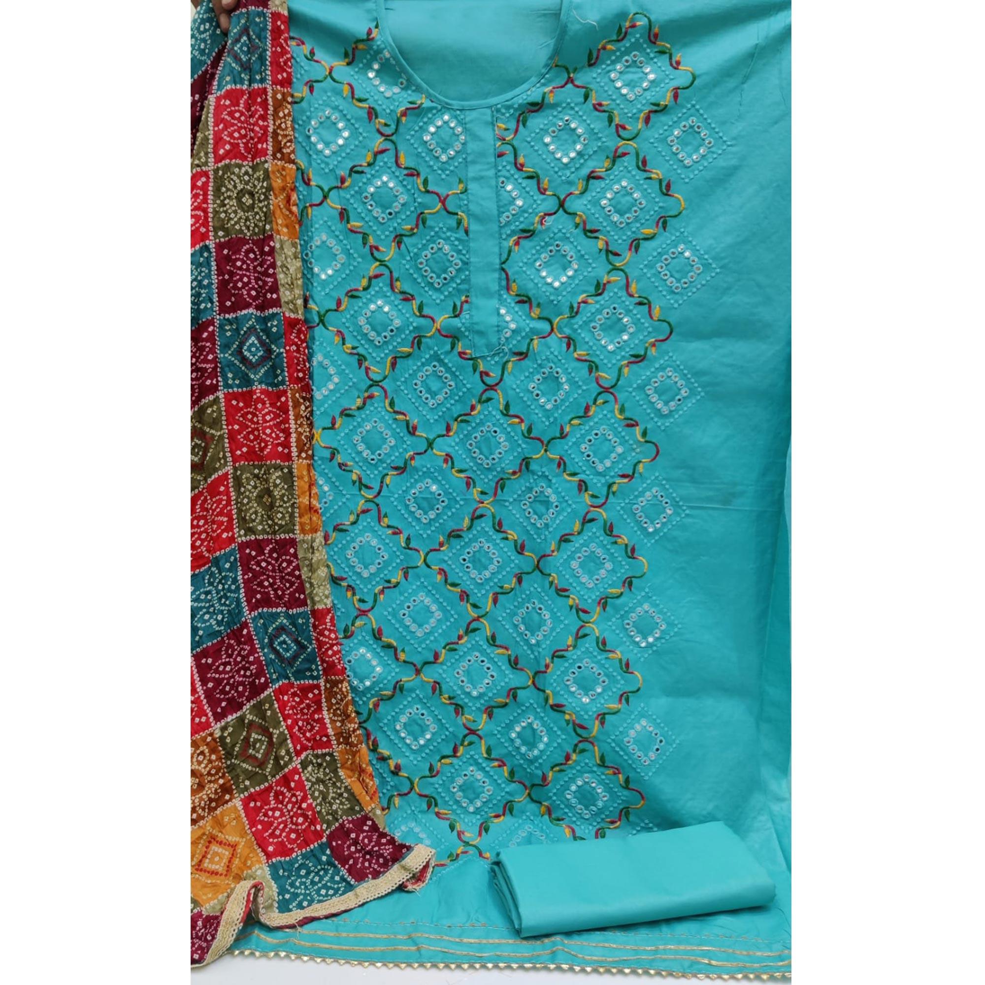 Rama Blue Festive Wear Heavy Embroidered & Mirror Work Cotton Dress Material - Peachmode