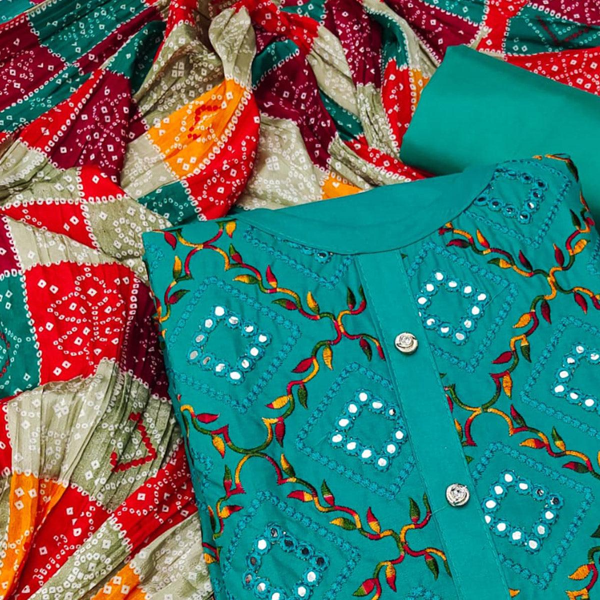 Rama Blue Festive Wear Heavy Embroidered & Mirror Work Cotton Dress Material - Peachmode
