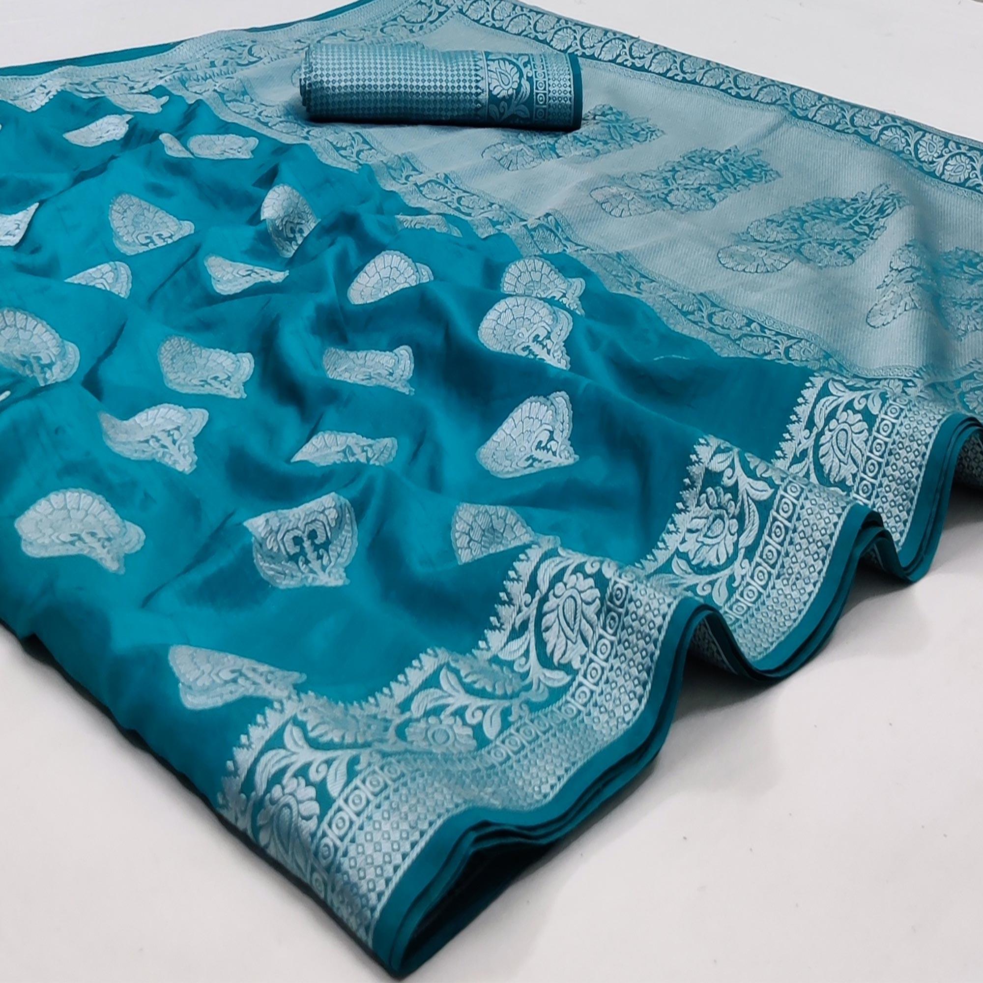 Rama Blue Festive Wear Woven Art Silk Saree - Peachmode
