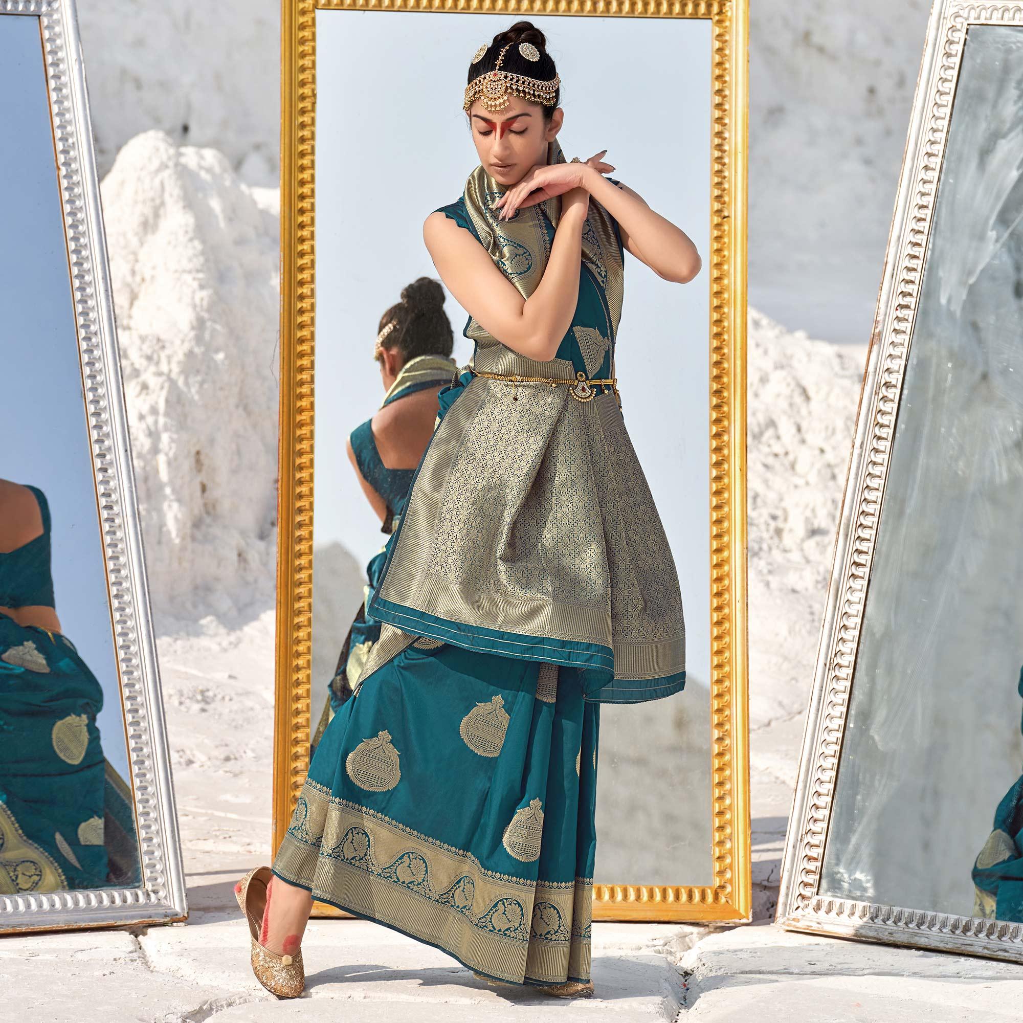 Rama Blue Festive Wear Woven Banarasi Silk Saree - Peachmode