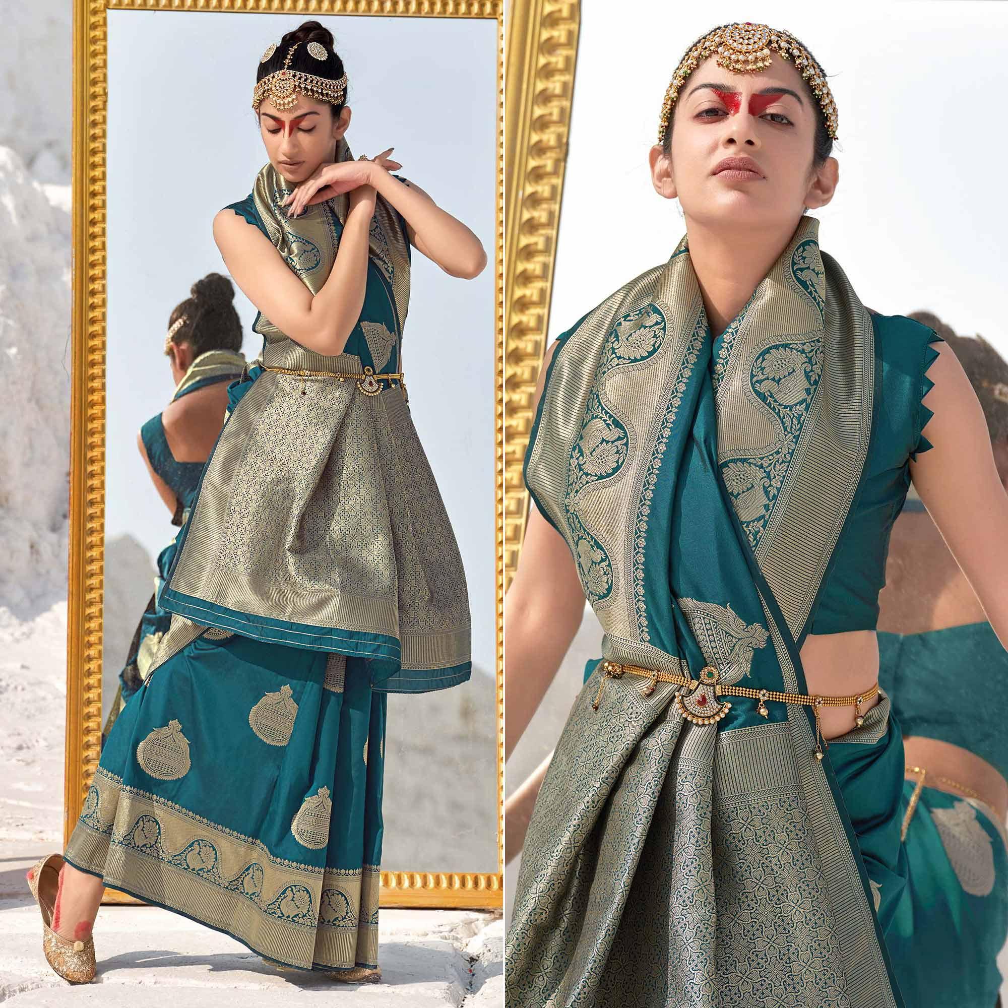 Rama Blue Festive Wear Woven Banarasi Silk Saree - Peachmode