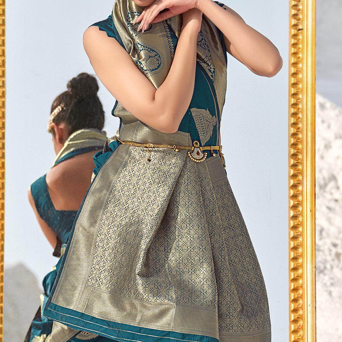 Rama Blue Festive Wear Woven Banarasi Silk Saree - Peachmode