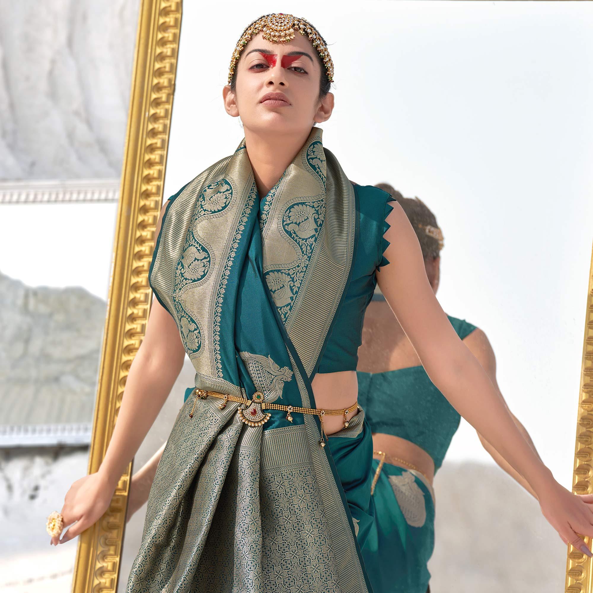 Rama Blue Festive Wear Woven Banarasi Silk Saree - Peachmode