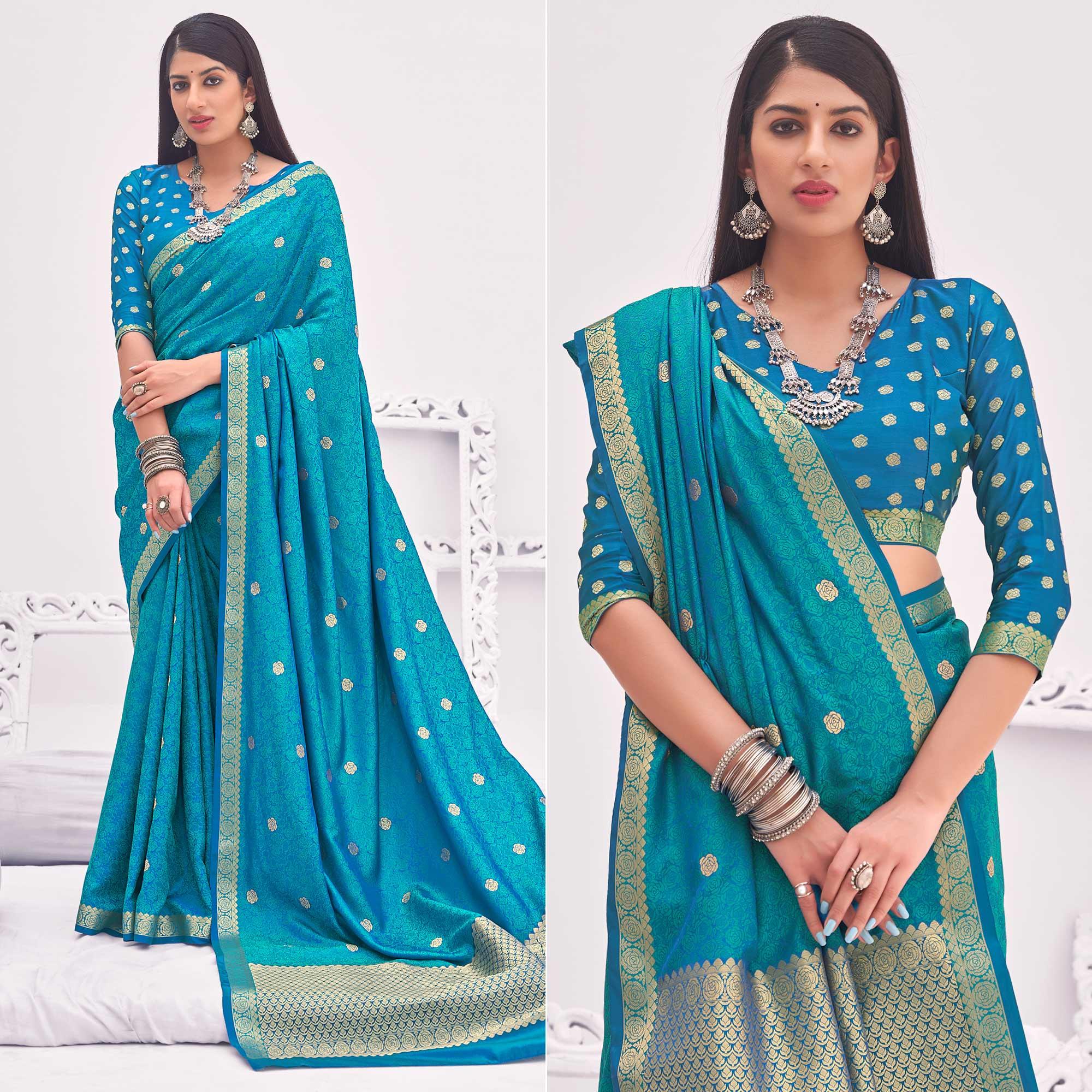 Rama Blue Festive Wear Woven Satin Saree - Peachmode