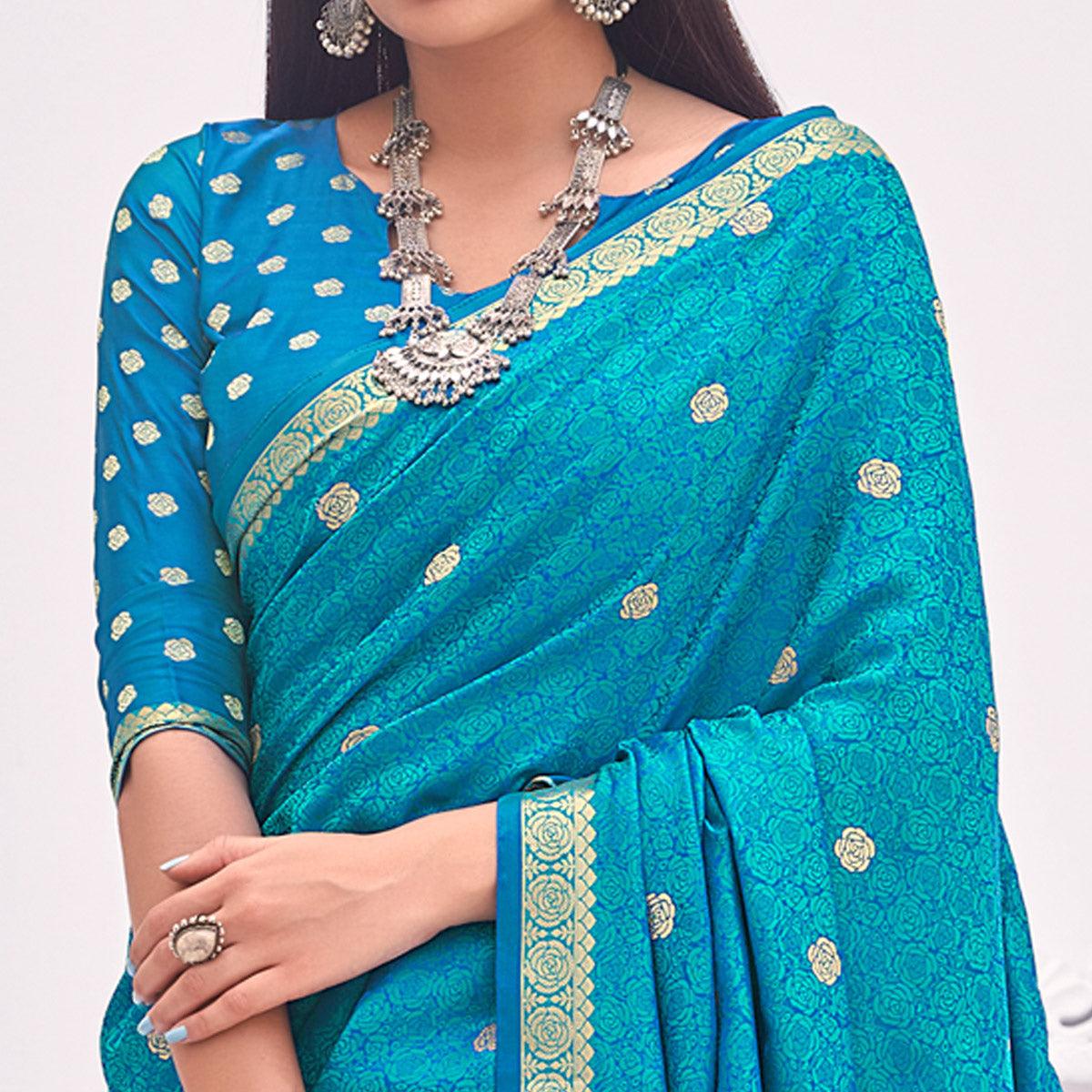 Rama Blue Festive Wear Woven Satin Saree - Peachmode