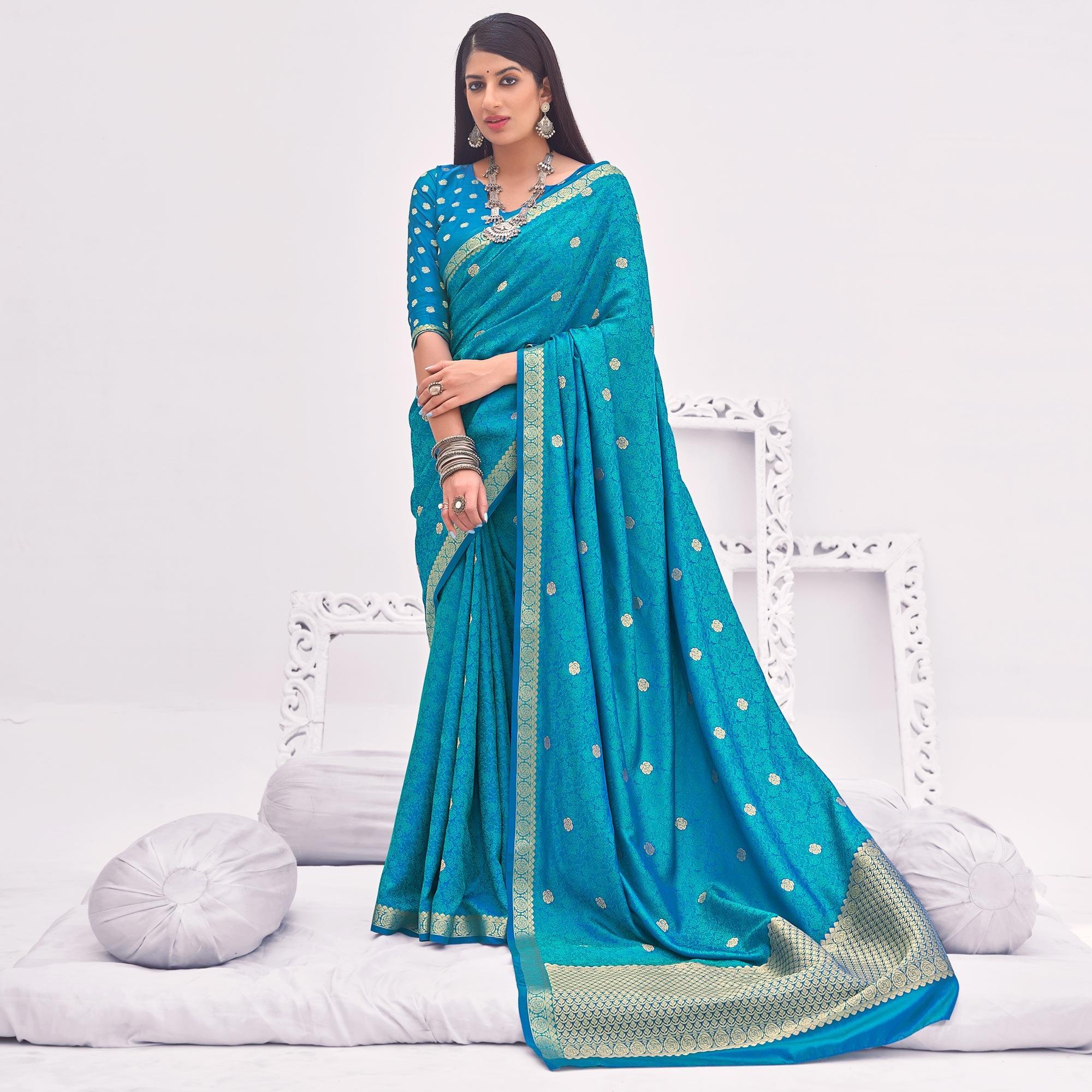 Rama Blue Festive Wear Woven Satin Saree - Peachmode