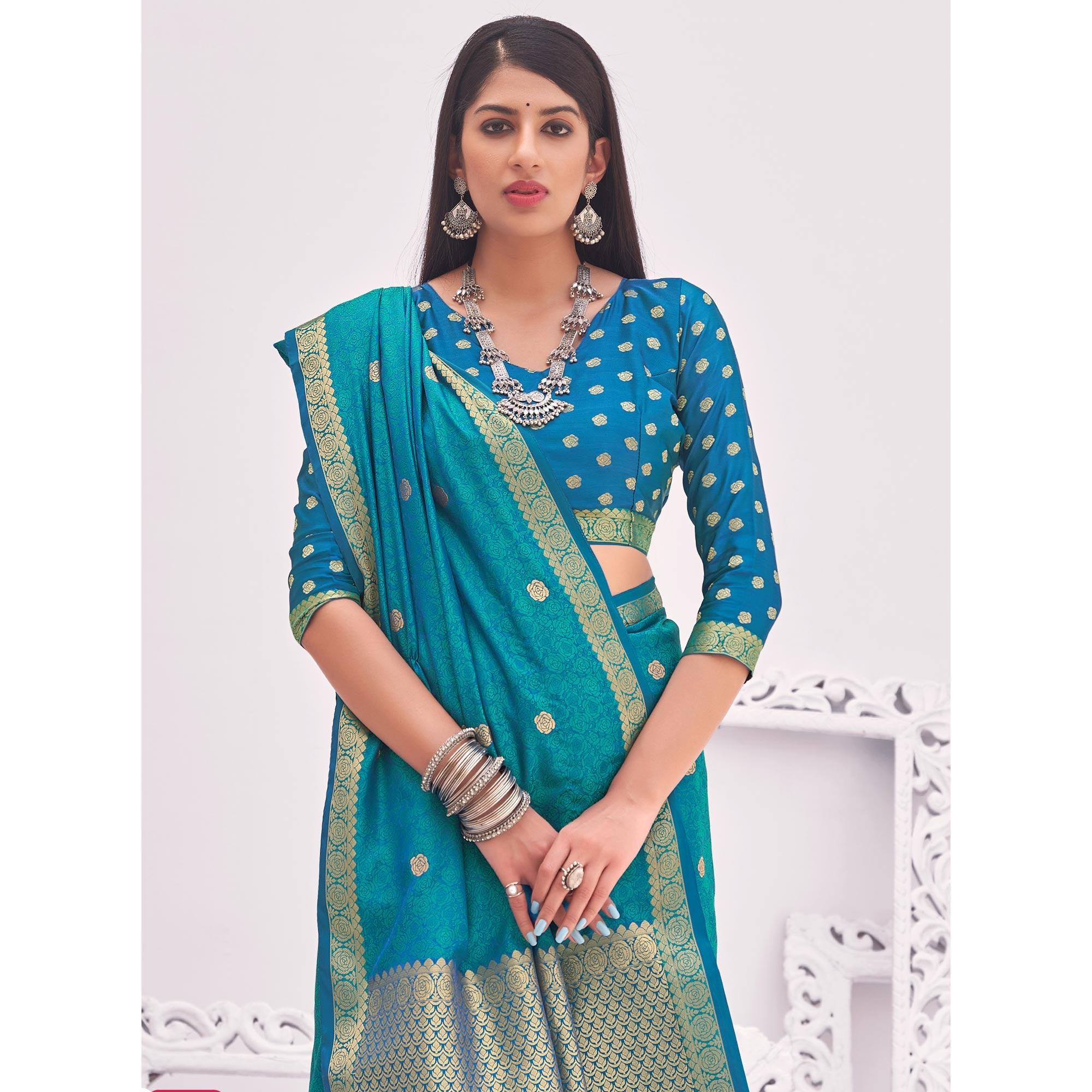 Rama Blue Festive Wear Woven Satin Saree - Peachmode