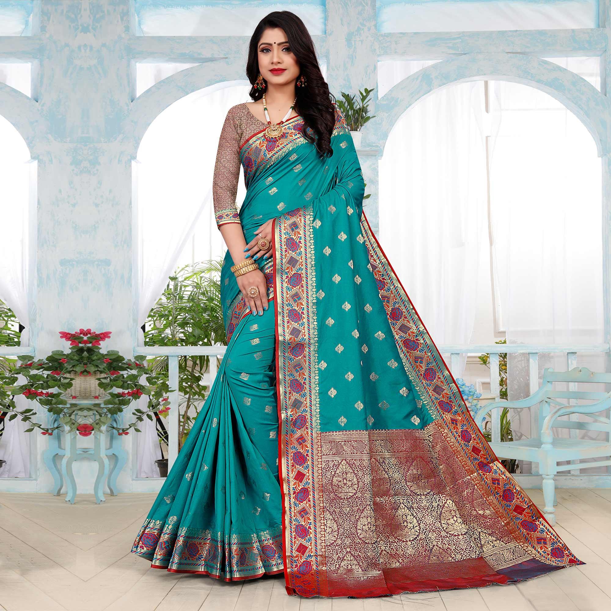 Rama Blue Festive Wear Woven Silk Saree - Peachmode