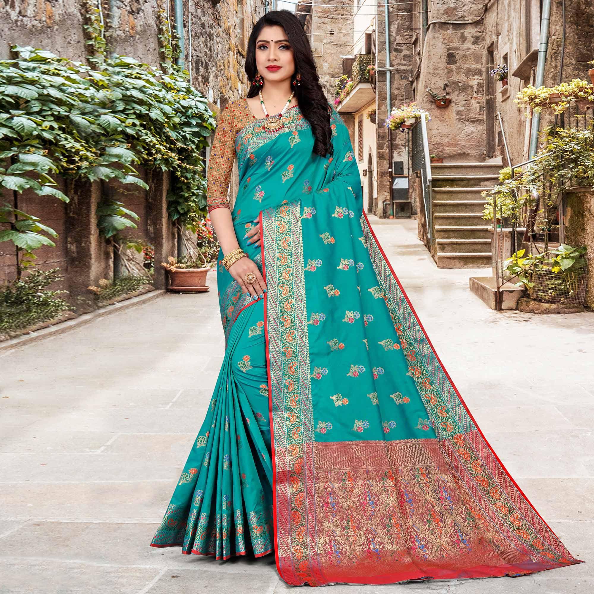 Rama Blue Festive Wear Woven Silk Saree - Peachmode