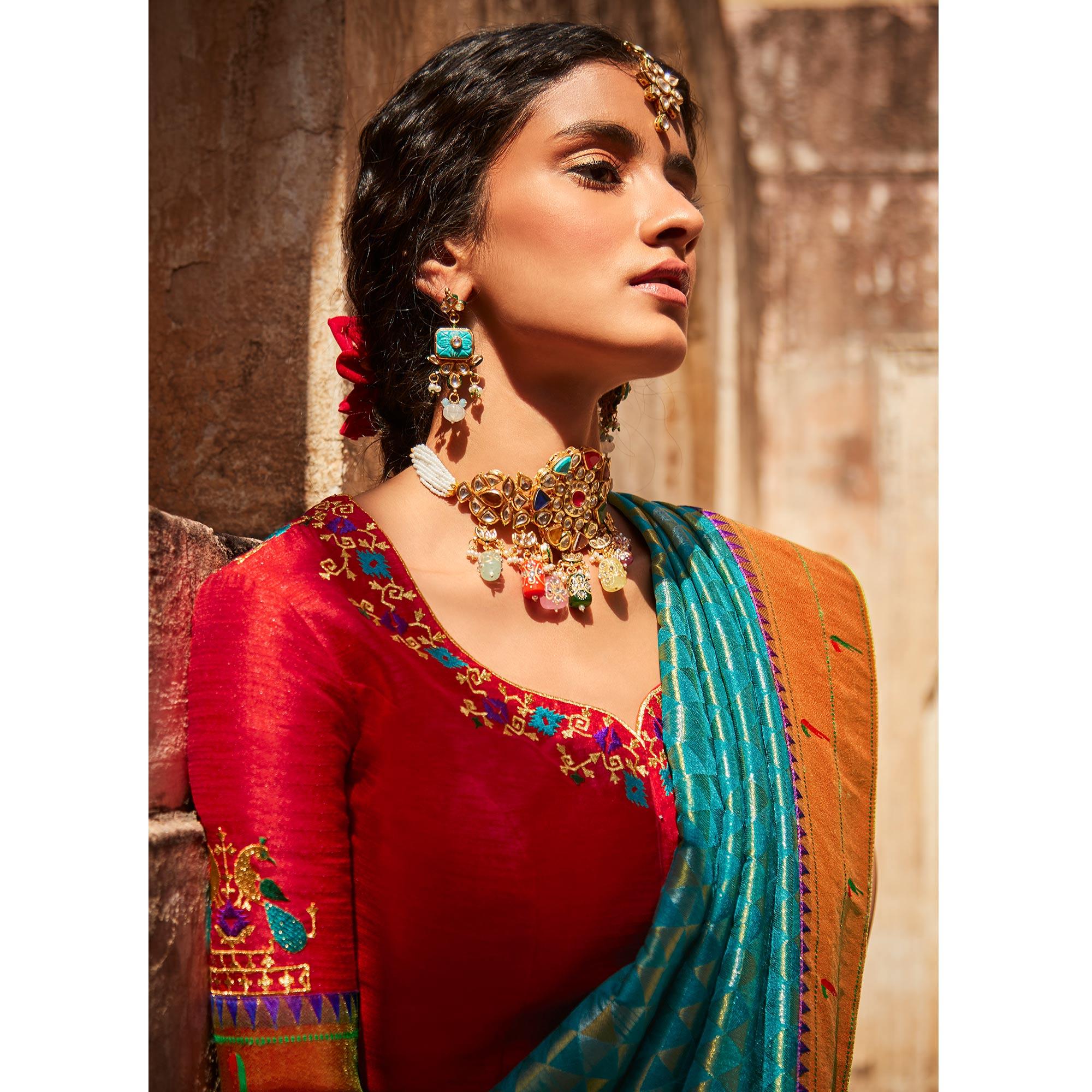 Rama Blue Festive Wear Woven Silk Saree - Peachmode