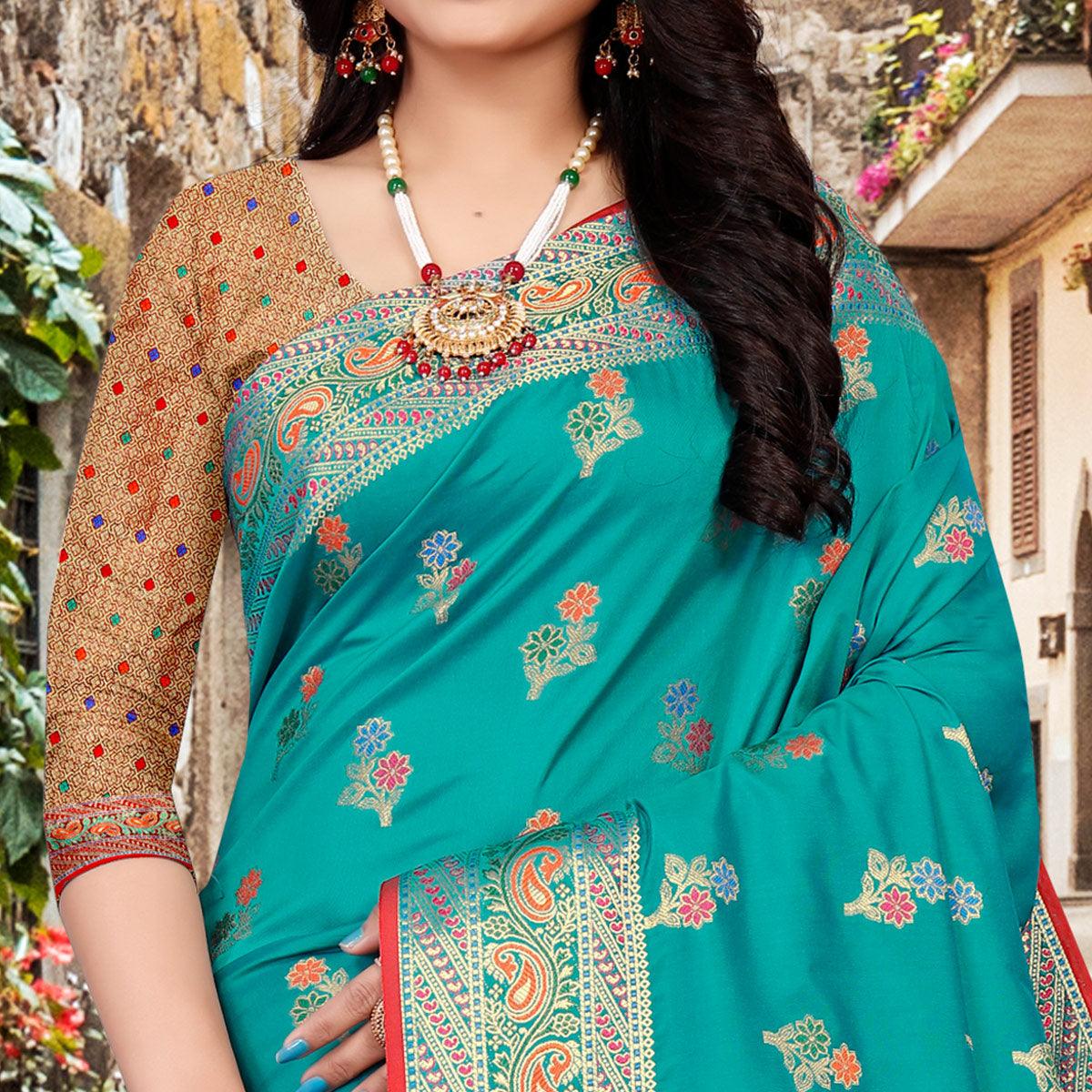 Rama Blue Festive Wear Woven Silk Saree - Peachmode