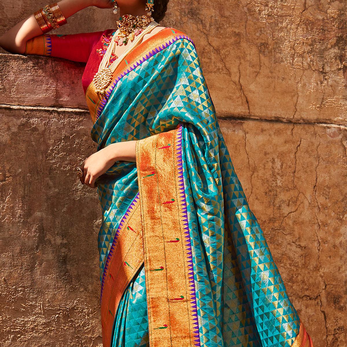 Rama Blue Festive Wear Woven Silk Saree - Peachmode