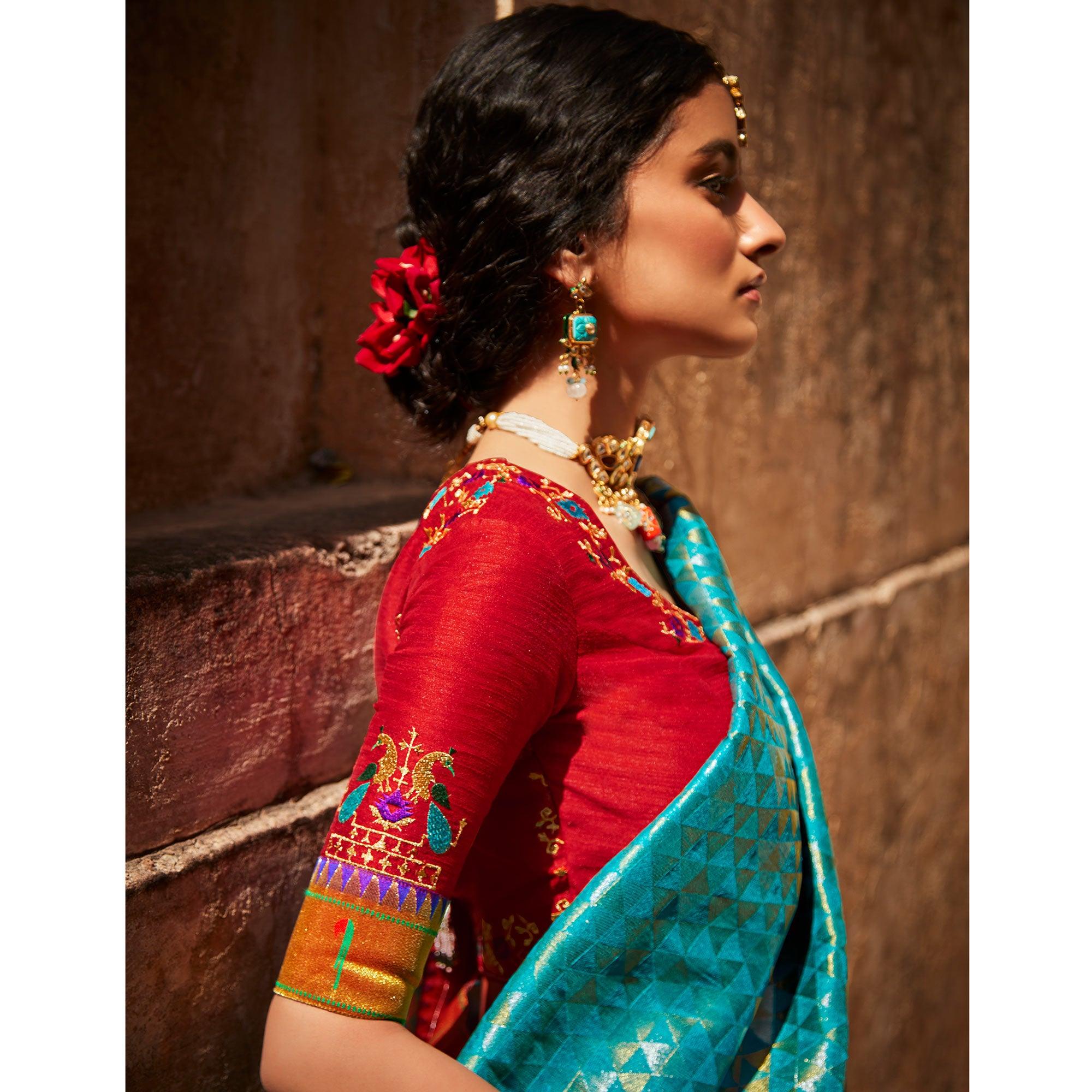 Rama Blue Festive Wear Woven Silk Saree - Peachmode