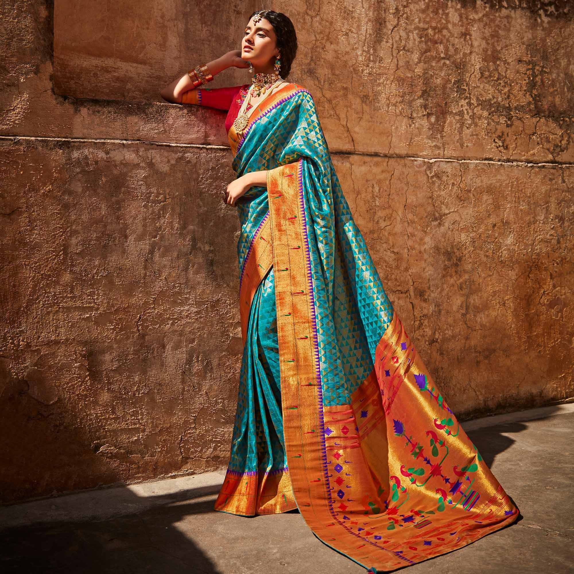 Rama Blue Festive Wear Woven Silk Saree - Peachmode