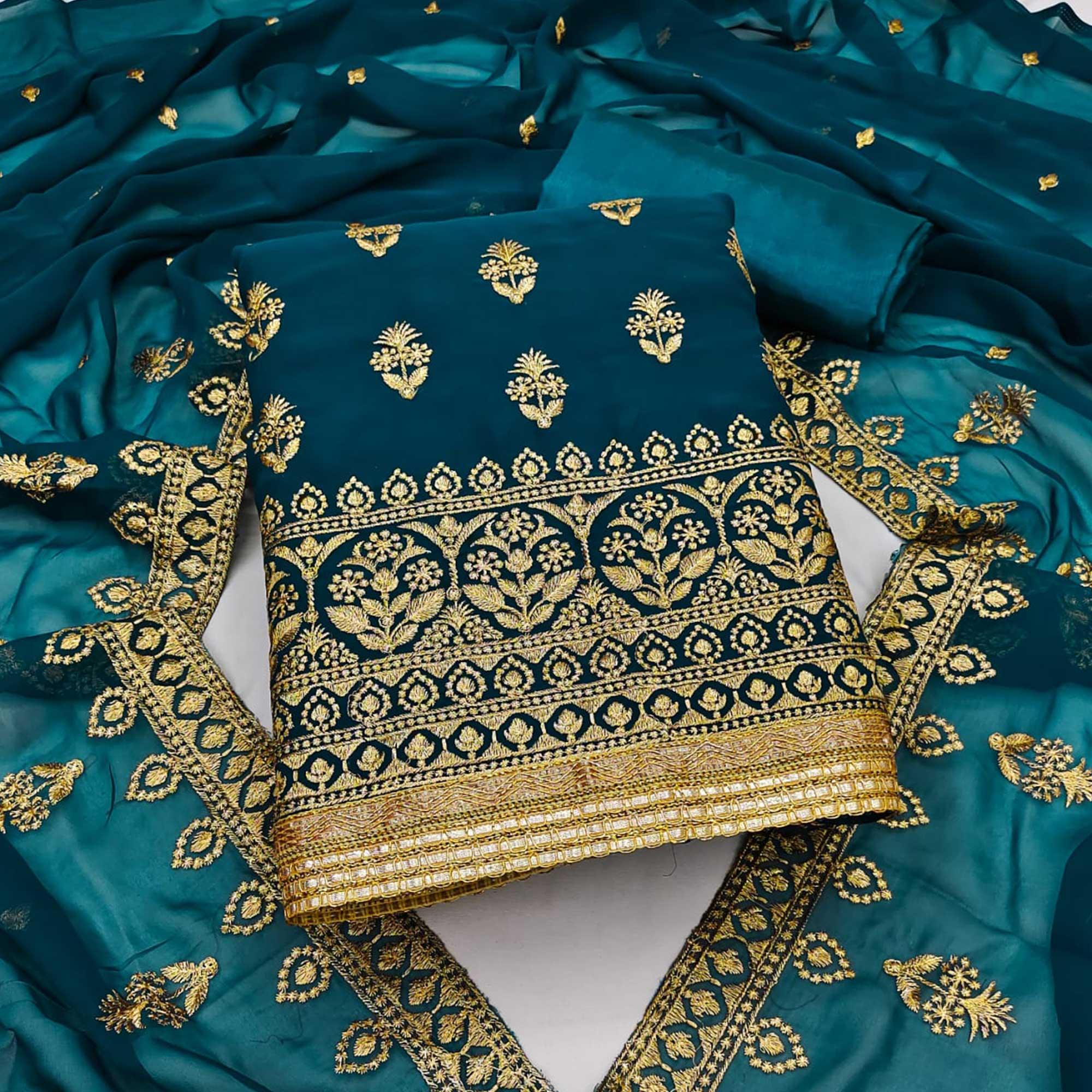 Rama Blue Floral Embroidered Georgette Dress Material - Peachmode