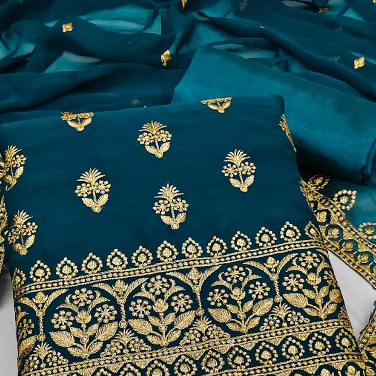 Rama Blue Floral Embroidered Georgette Dress Material - Peachmode