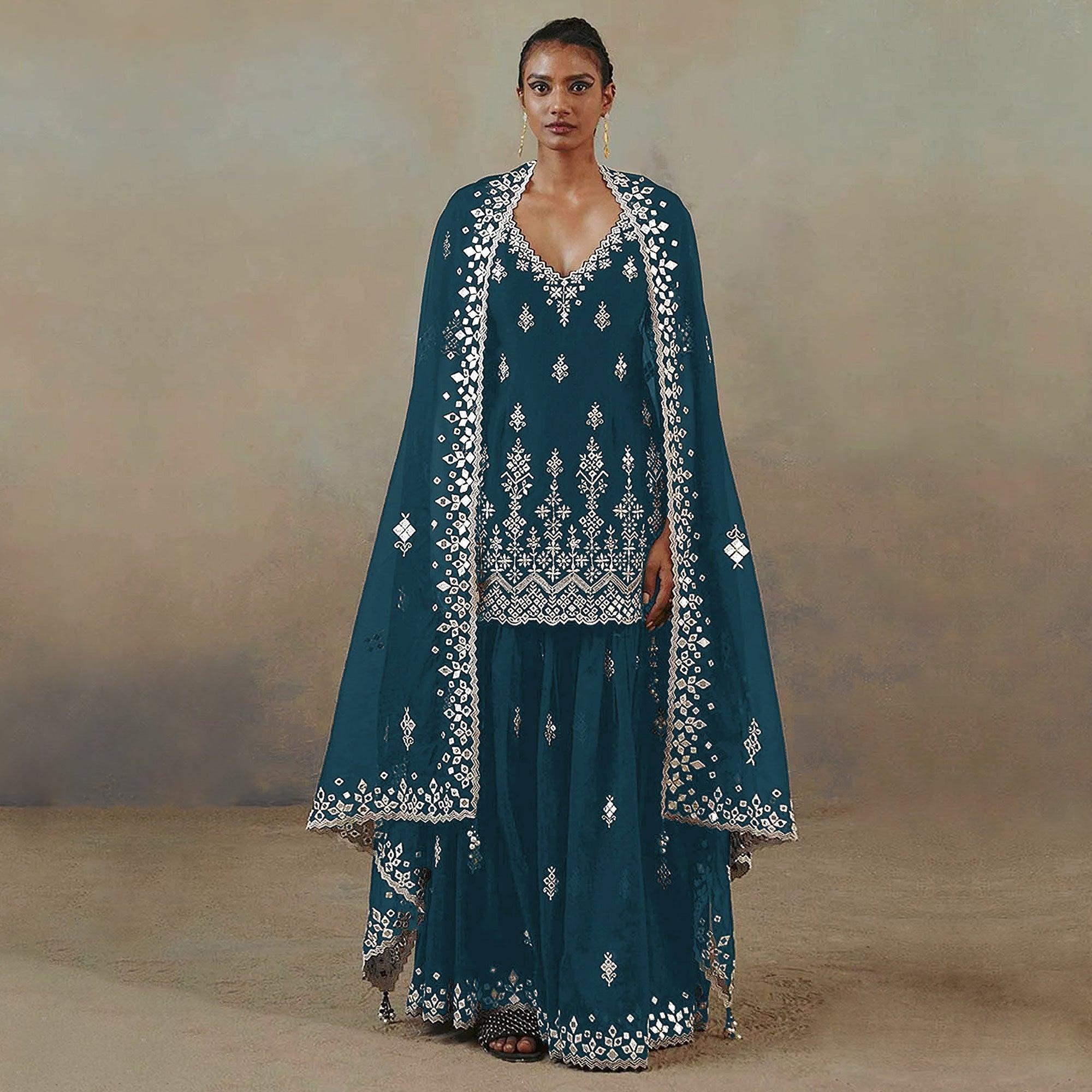 Rama Blue Floral Embroidered With Mirror Work Georgette Sharara Suit - Peachmode