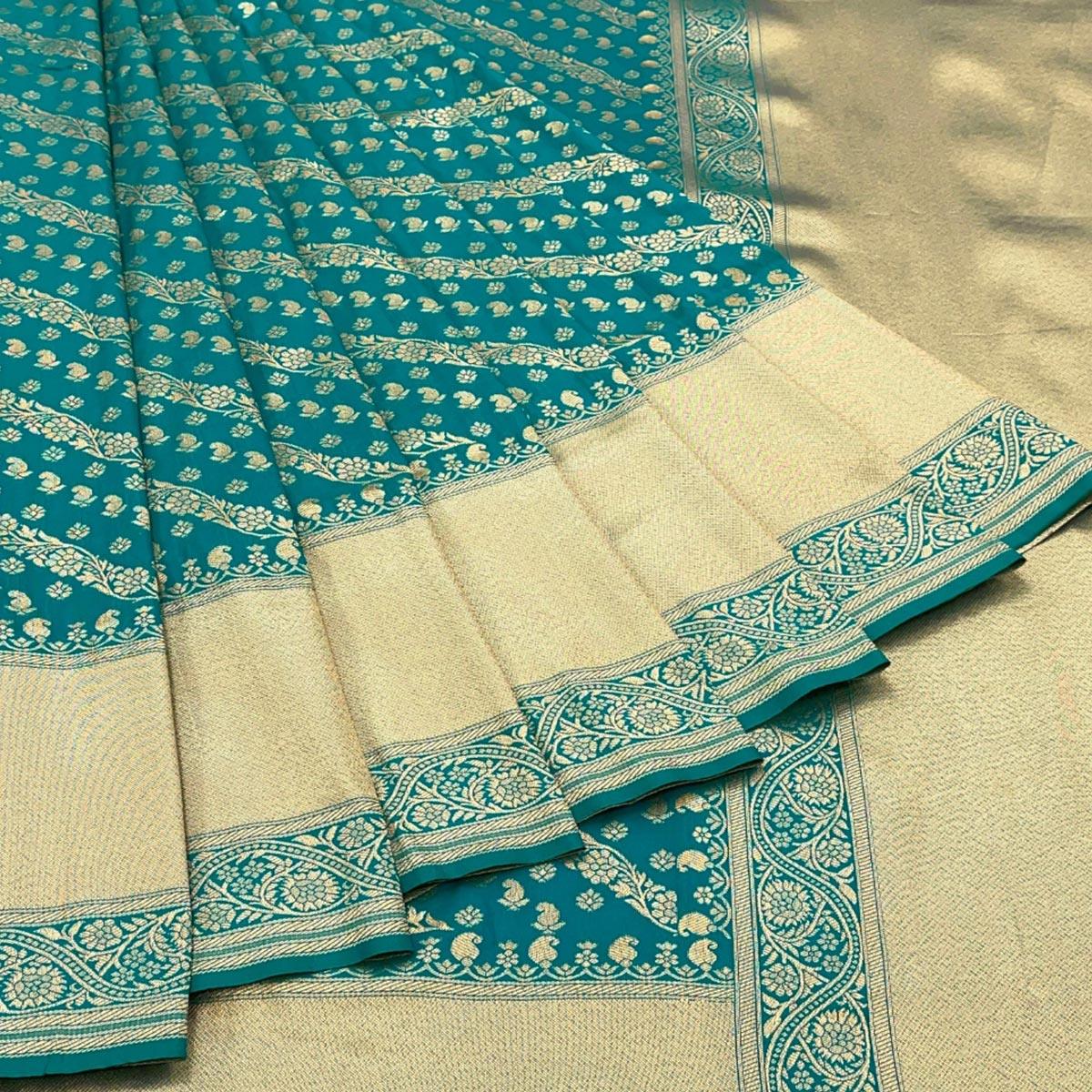 Rama Blue Floral Zari Woven Art Silk Saree - Peachmode