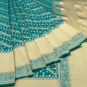Rama Blue Floral Zari Woven Art Silk Saree - Peachmode