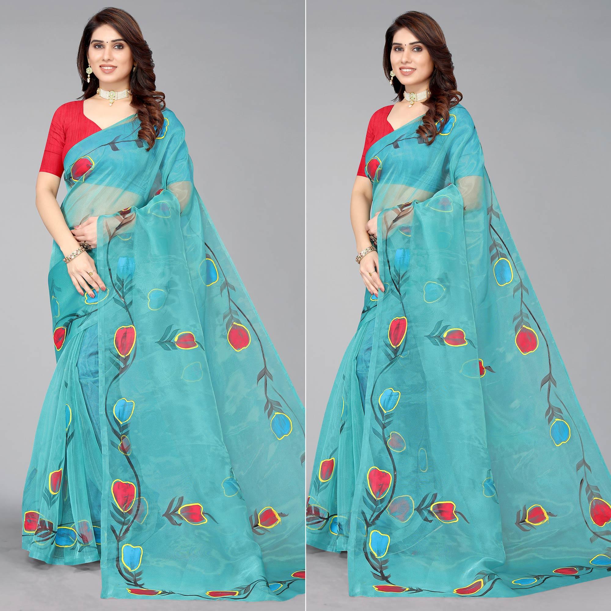 Rama Blue Hand Printed Organza Saree - Peachmode