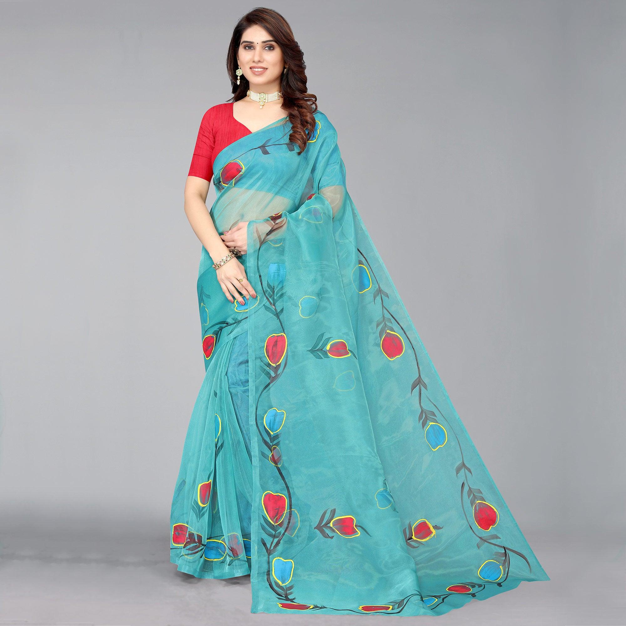 Rama Blue Hand Printed Organza Saree - Peachmode