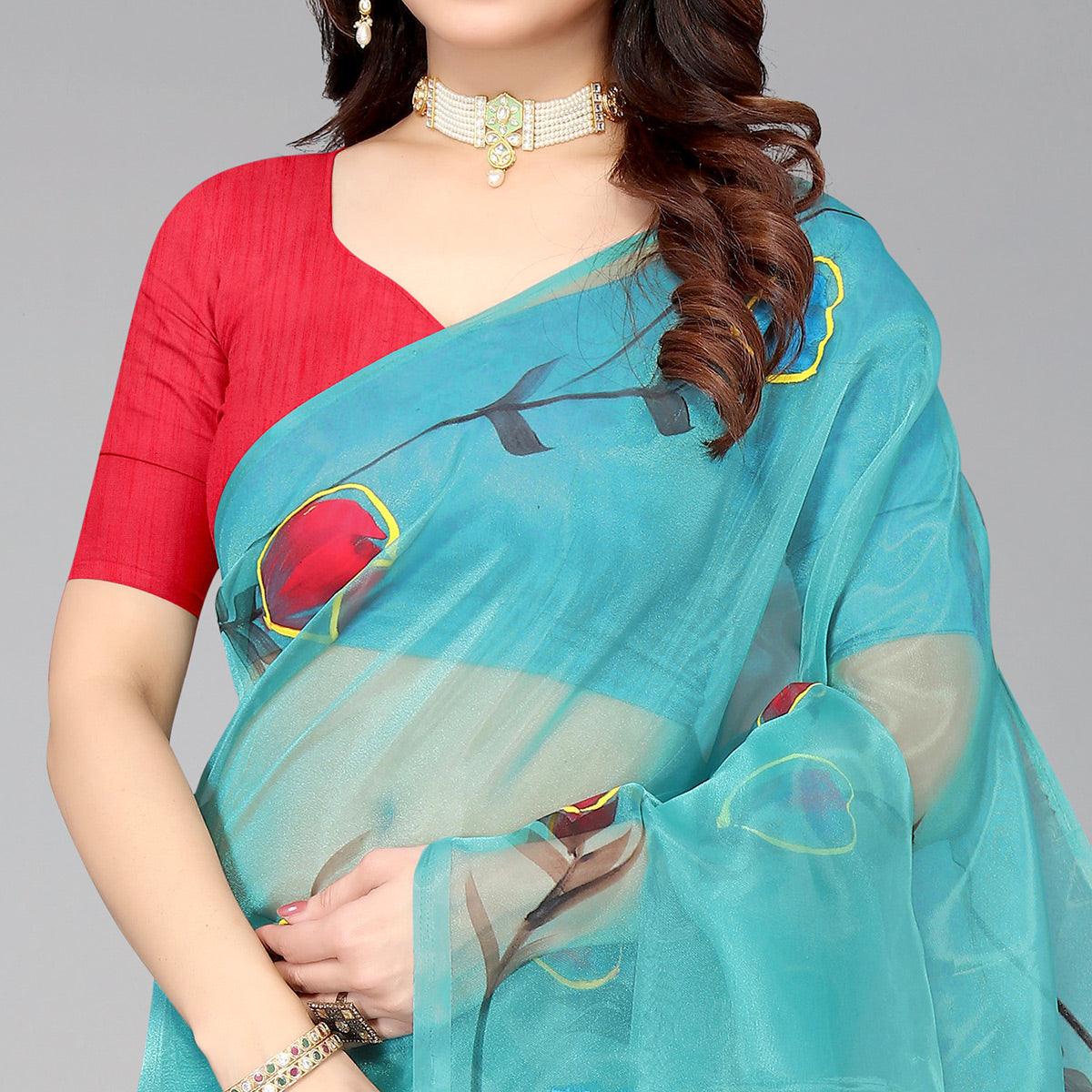 Rama Blue Hand Printed Organza Saree - Peachmode