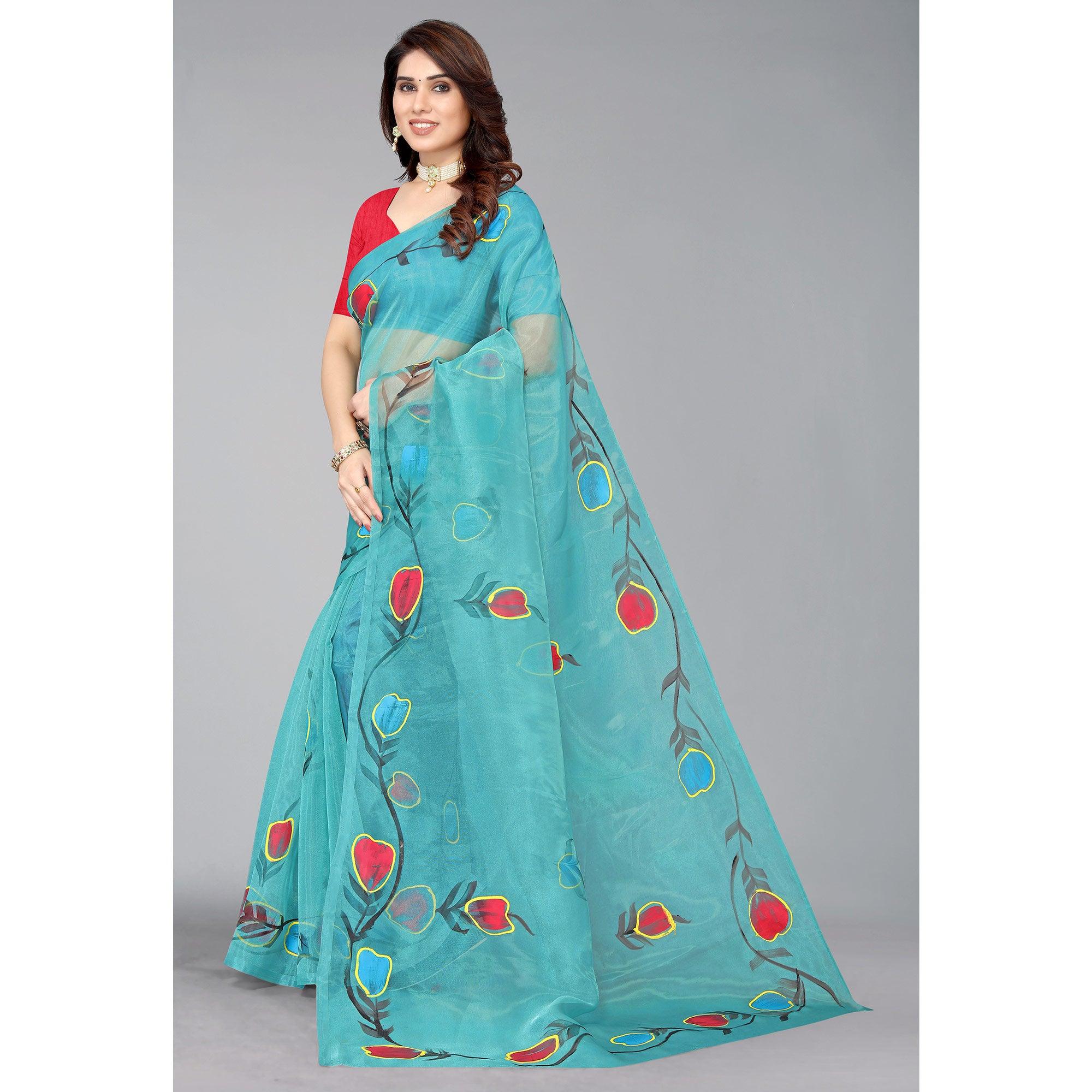 Rama Blue Hand Printed Organza Saree - Peachmode