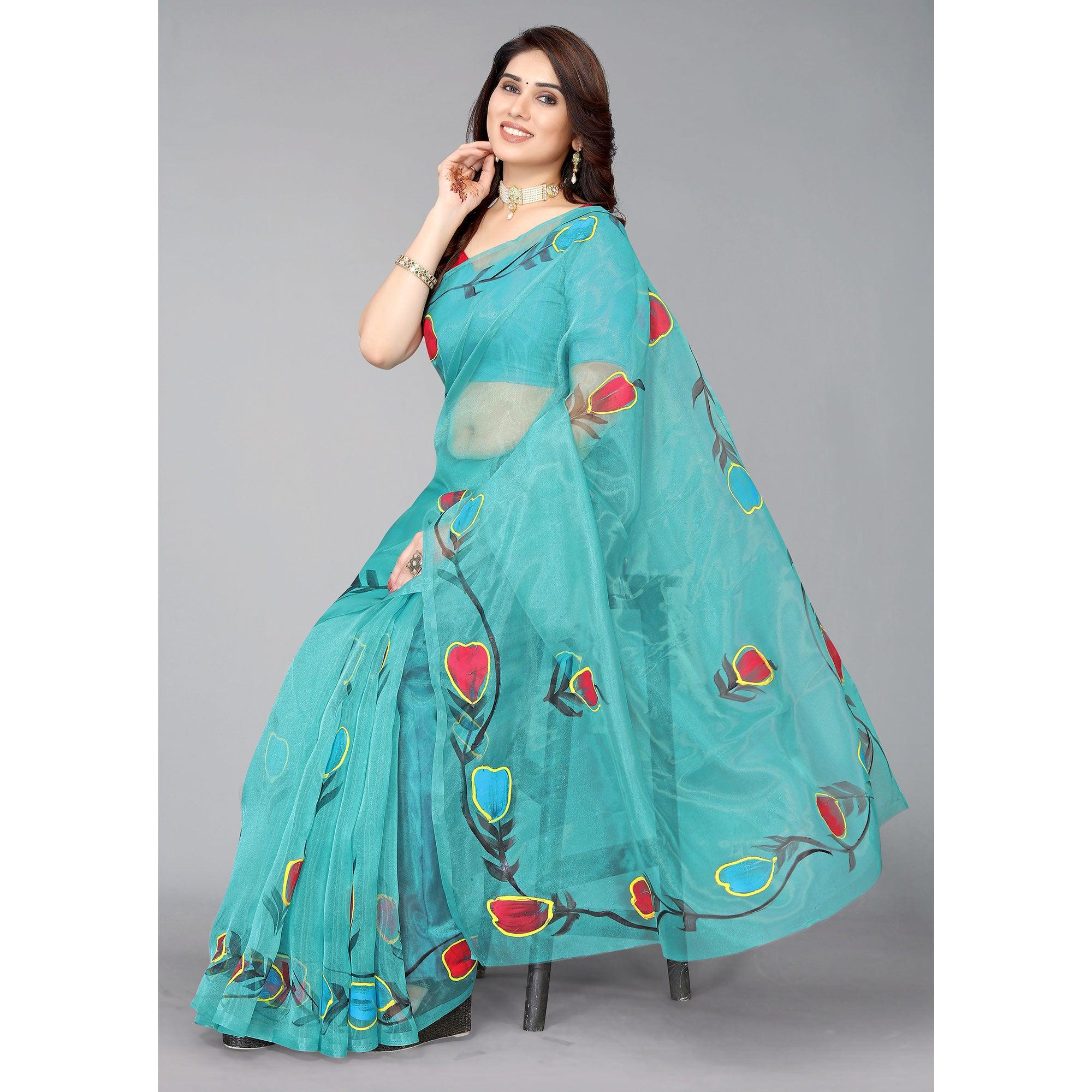 Rama Blue Hand Printed Organza Saree - Peachmode