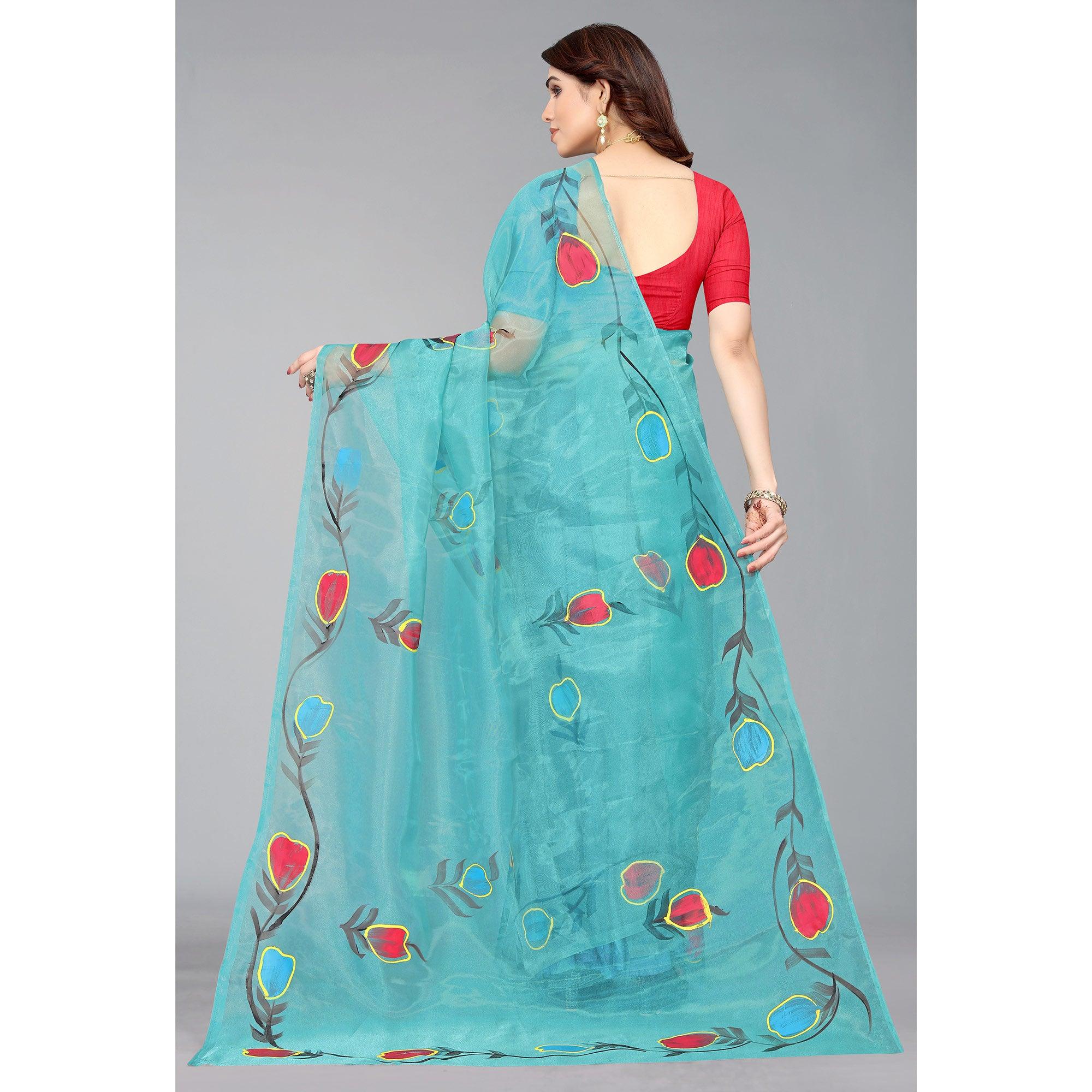 Rama Blue Hand Printed Organza Saree - Peachmode