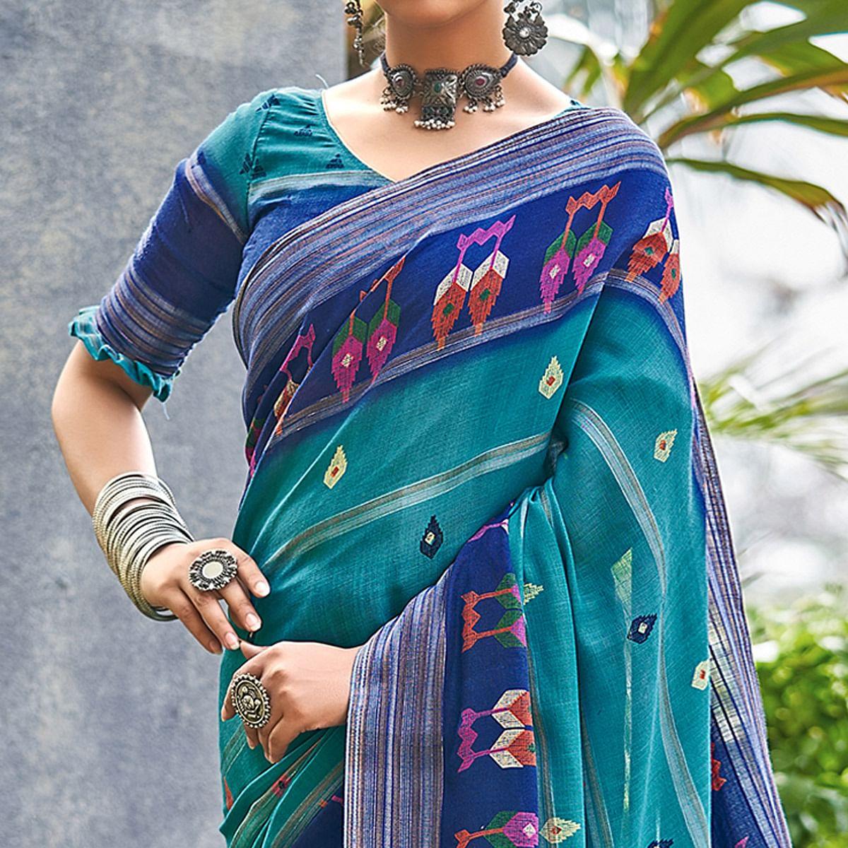 Rama Blue Ikkat Printed Linen Saree - Peachmode