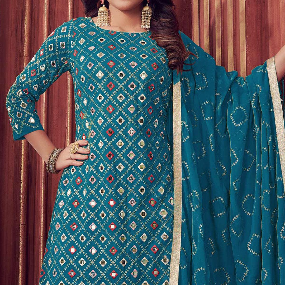 Rama Blue Mirror & Sequence Embroidered Georgette Sharara Suit - Peachmode