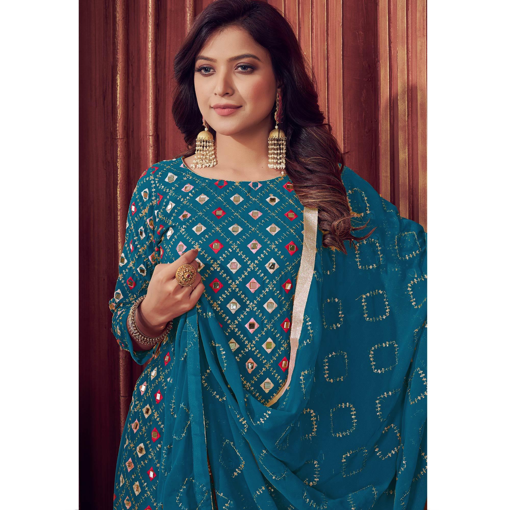 Rama Blue Mirror & Sequence Embroidered Georgette Sharara Suit - Peachmode