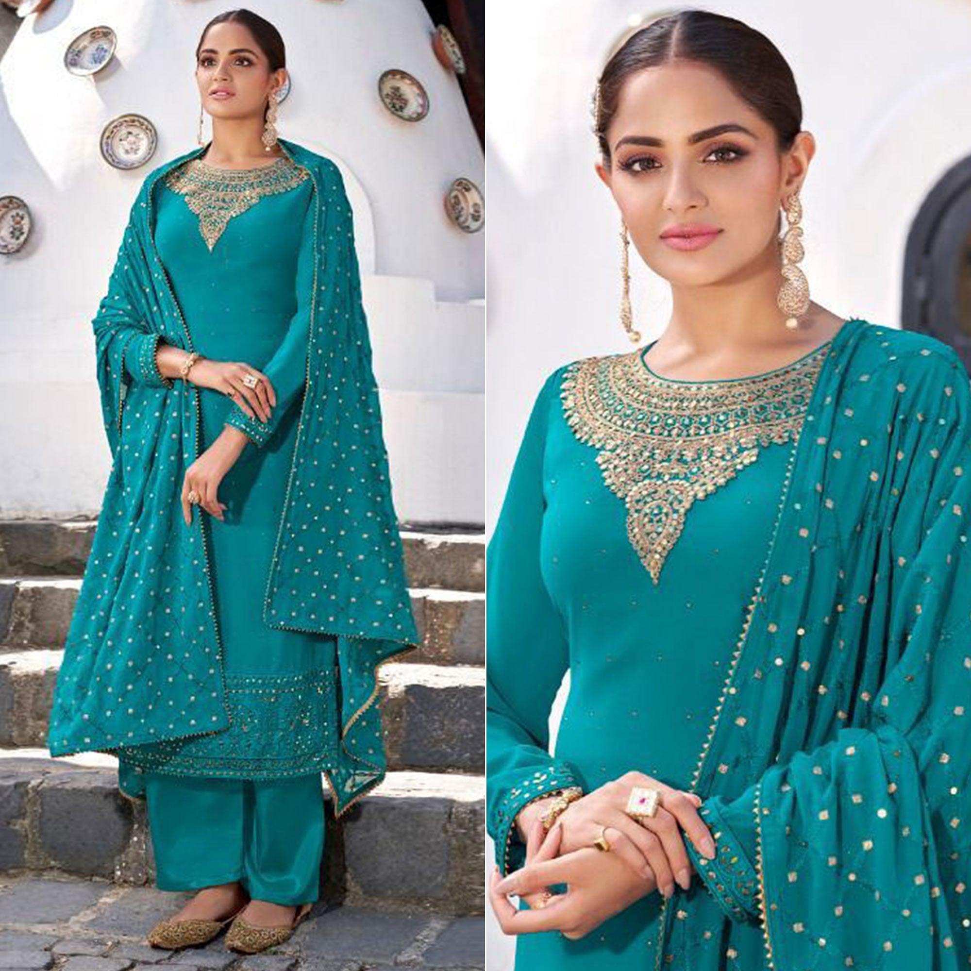 Rama Blue Party Wear Heavy Embroidered Georgette Suit - Peachmode
