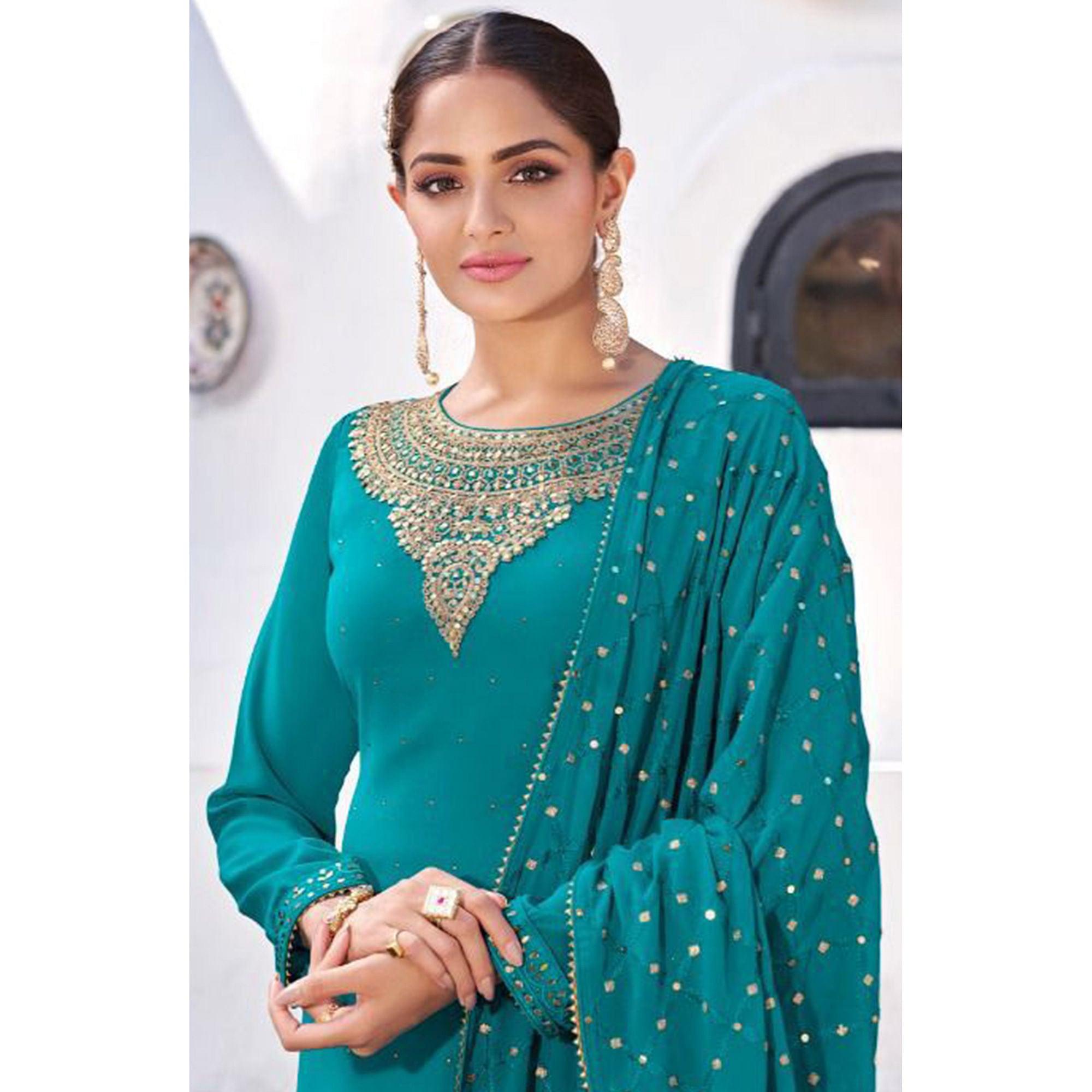 Rama Blue Party Wear Heavy Embroidered Georgette Suit - Peachmode