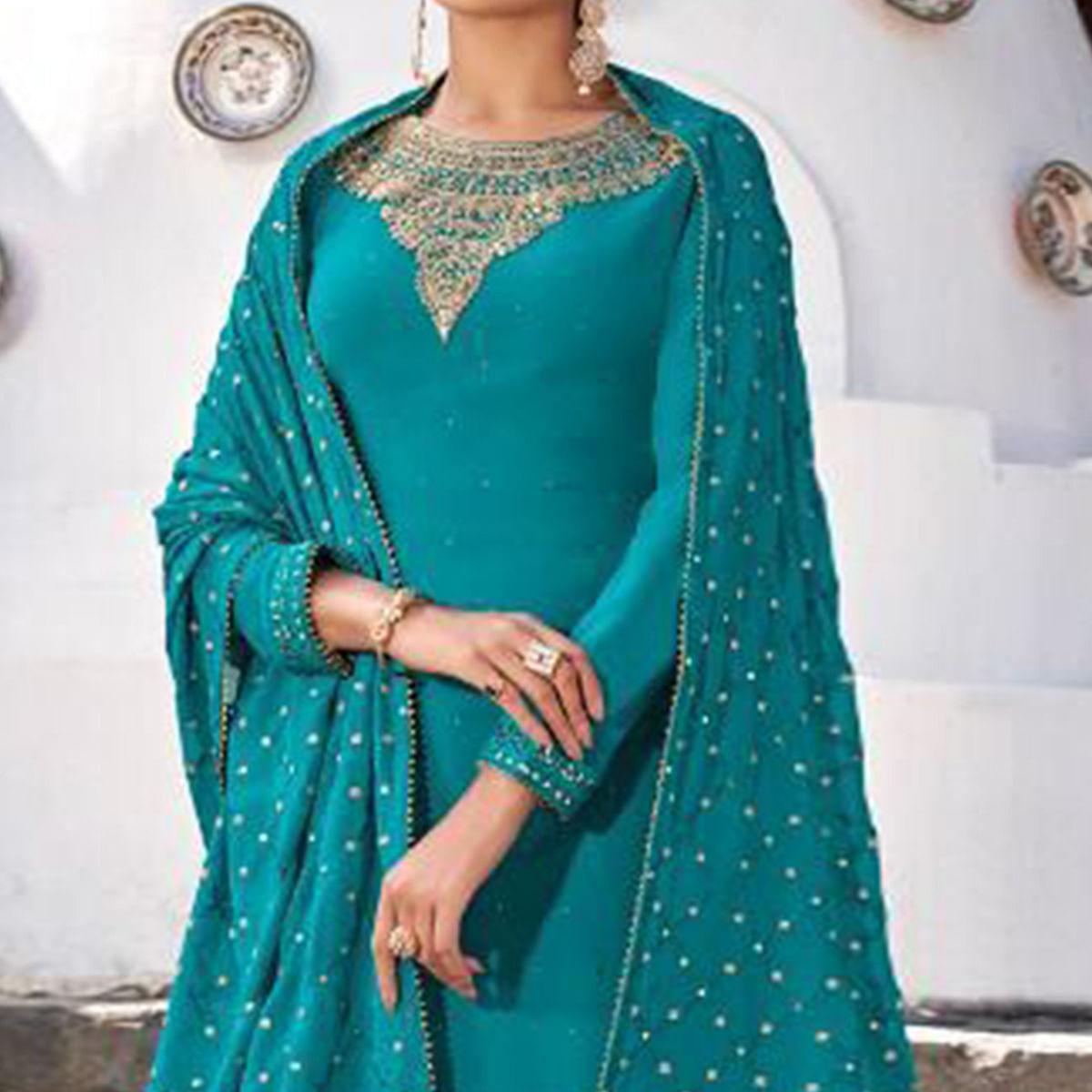 Rama Blue Party Wear Heavy Embroidered Georgette Suit - Peachmode