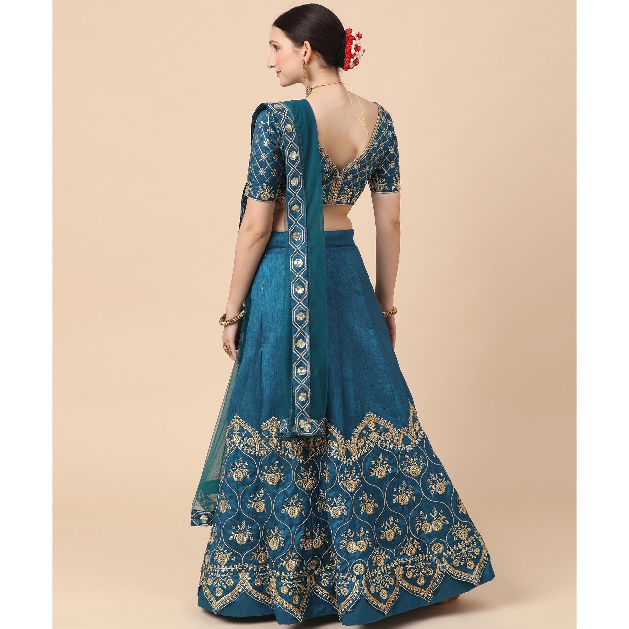 Rama Blue Party Wear Sequence Embroidered Satin Lehenga Choli - Peachmode