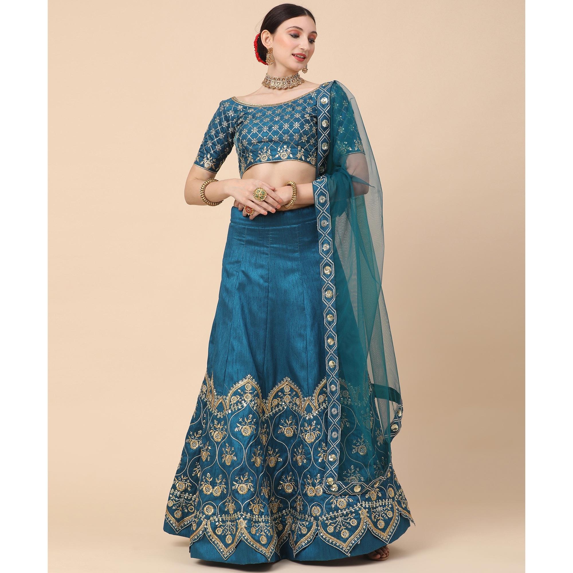 Rama Blue Party Wear Sequence Embroidered Satin Lehenga Choli - Peachmode