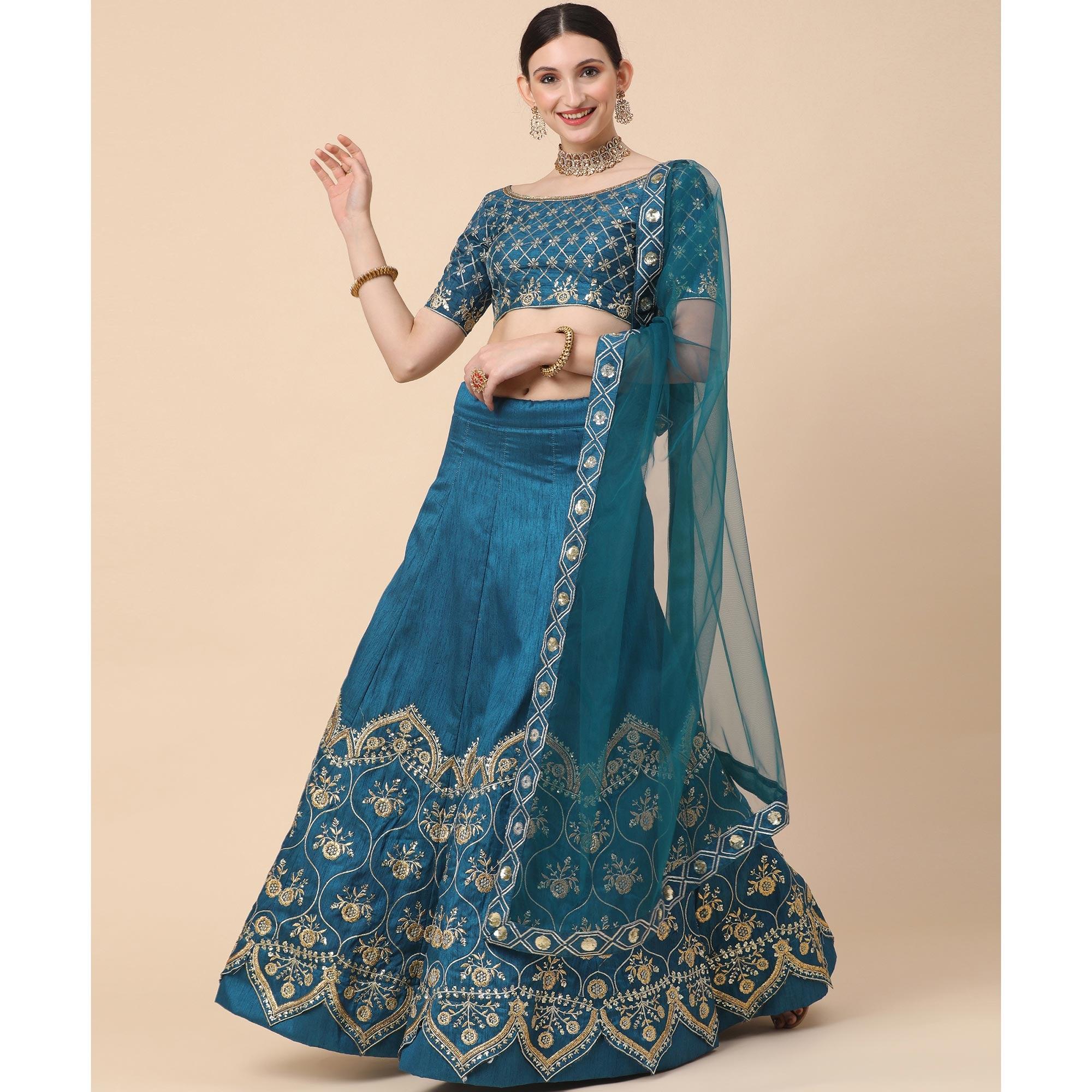 Rama Blue Party Wear Sequence Embroidered Satin Lehenga Choli - Peachmode