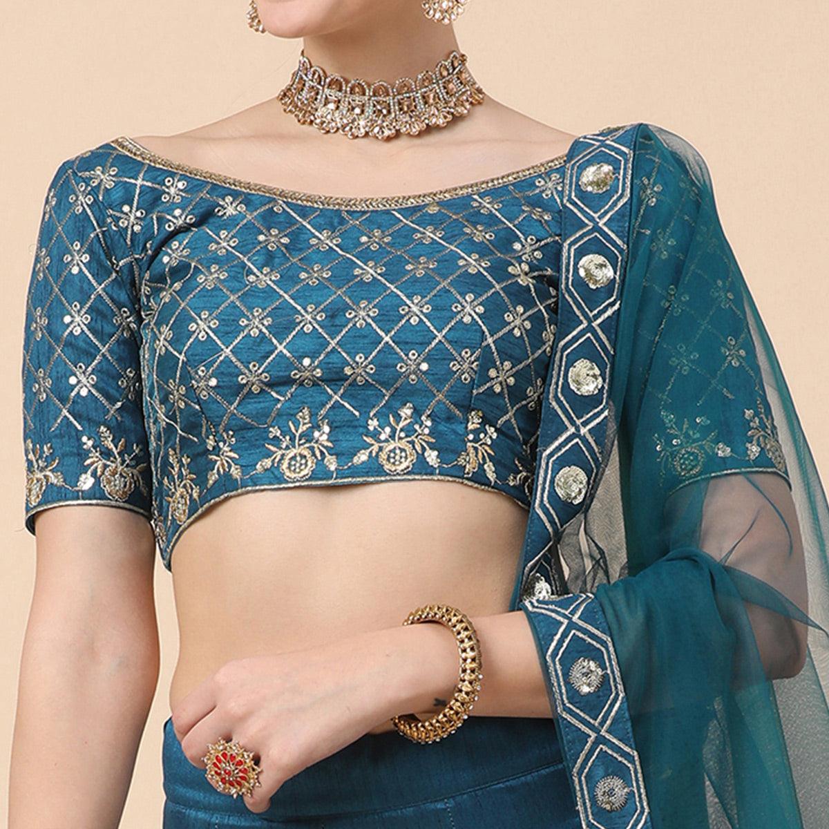 Rama Blue Party Wear Sequence Embroidered Satin Lehenga Choli - Peachmode
