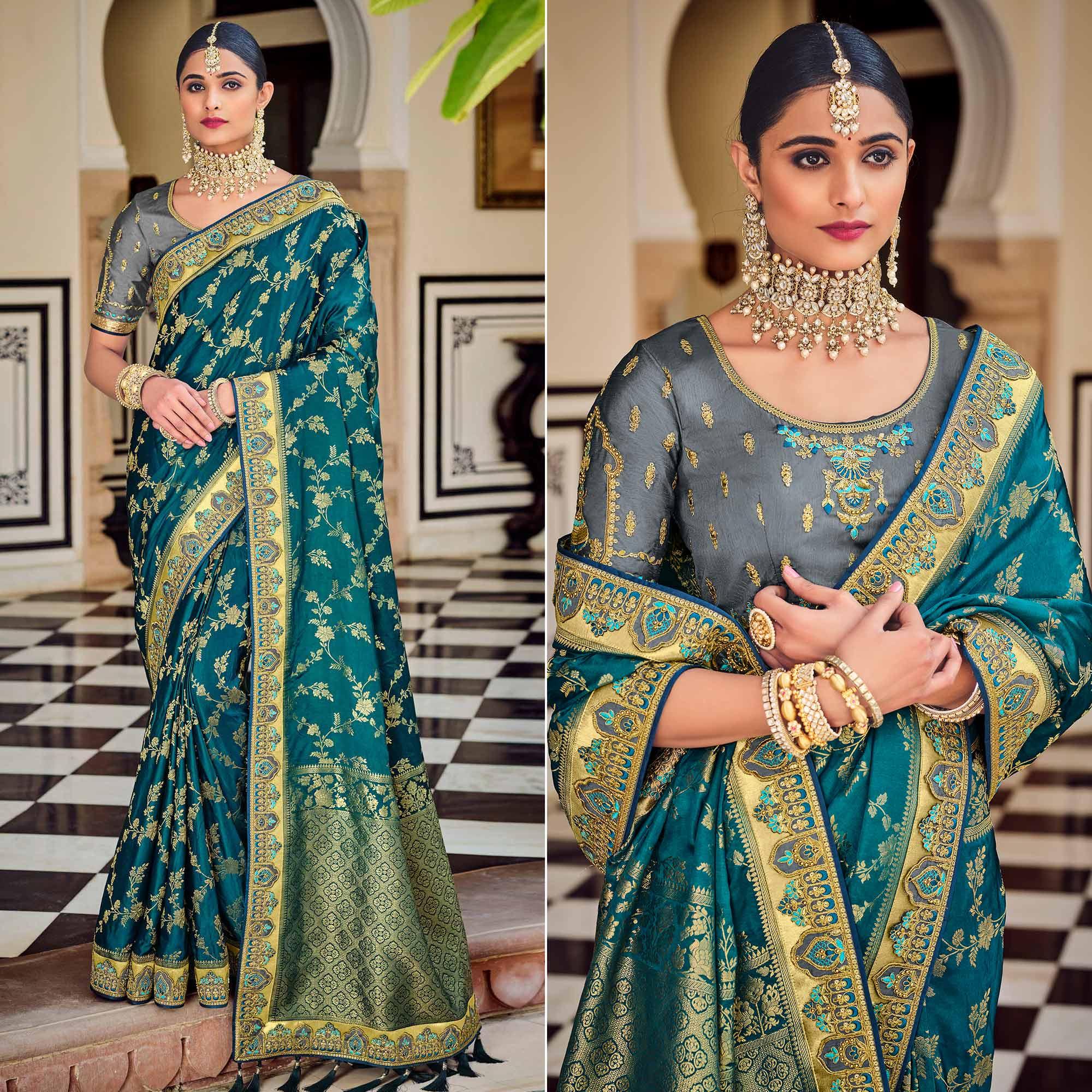 Rama Blue Party Wear Woven-Embroidered Silk Saree - Peachmode