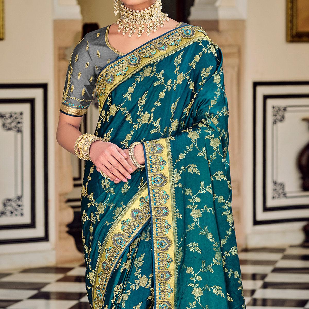 Rama Blue Party Wear Woven-Embroidered Silk Saree - Peachmode
