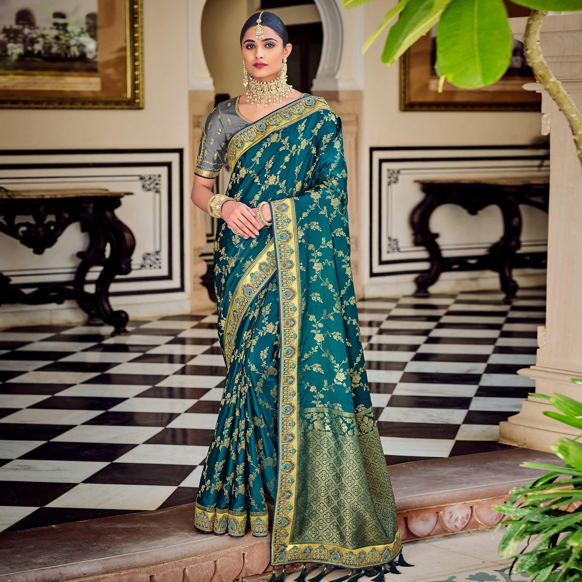 Rama Blue Party Wear Woven-Embroidered Silk Saree - Peachmode