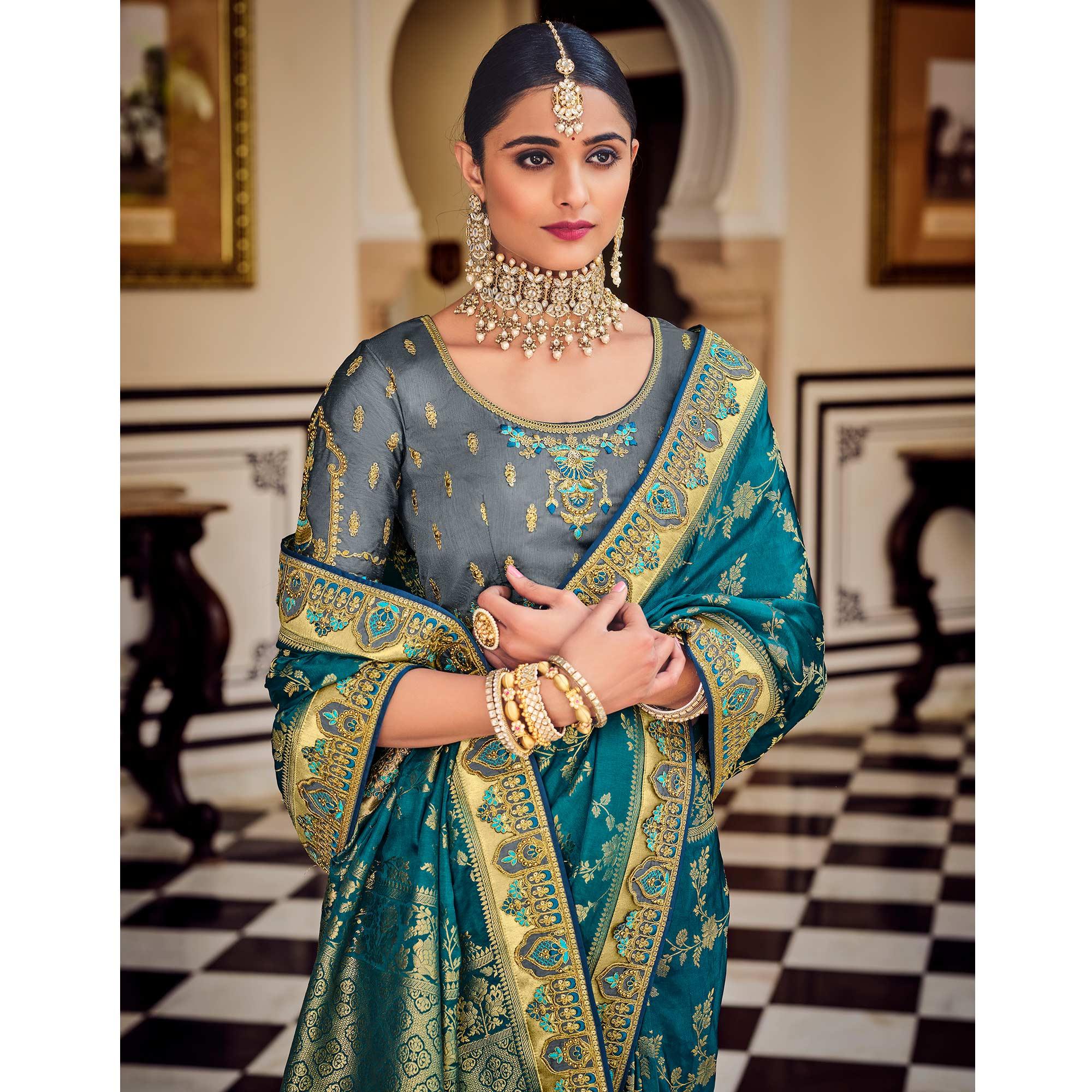 Rama Blue Party Wear Woven-Embroidered Silk Saree - Peachmode