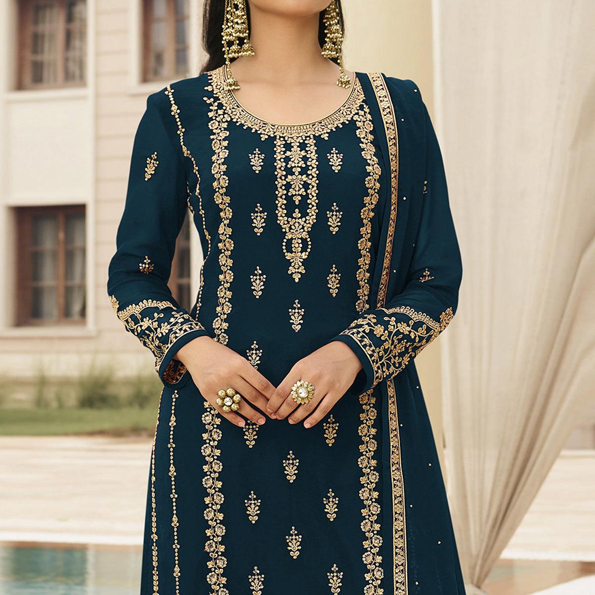Rama Blue Partywear Designer Embroidered With Sequence Georgette Palazzo Suit - Peachmode