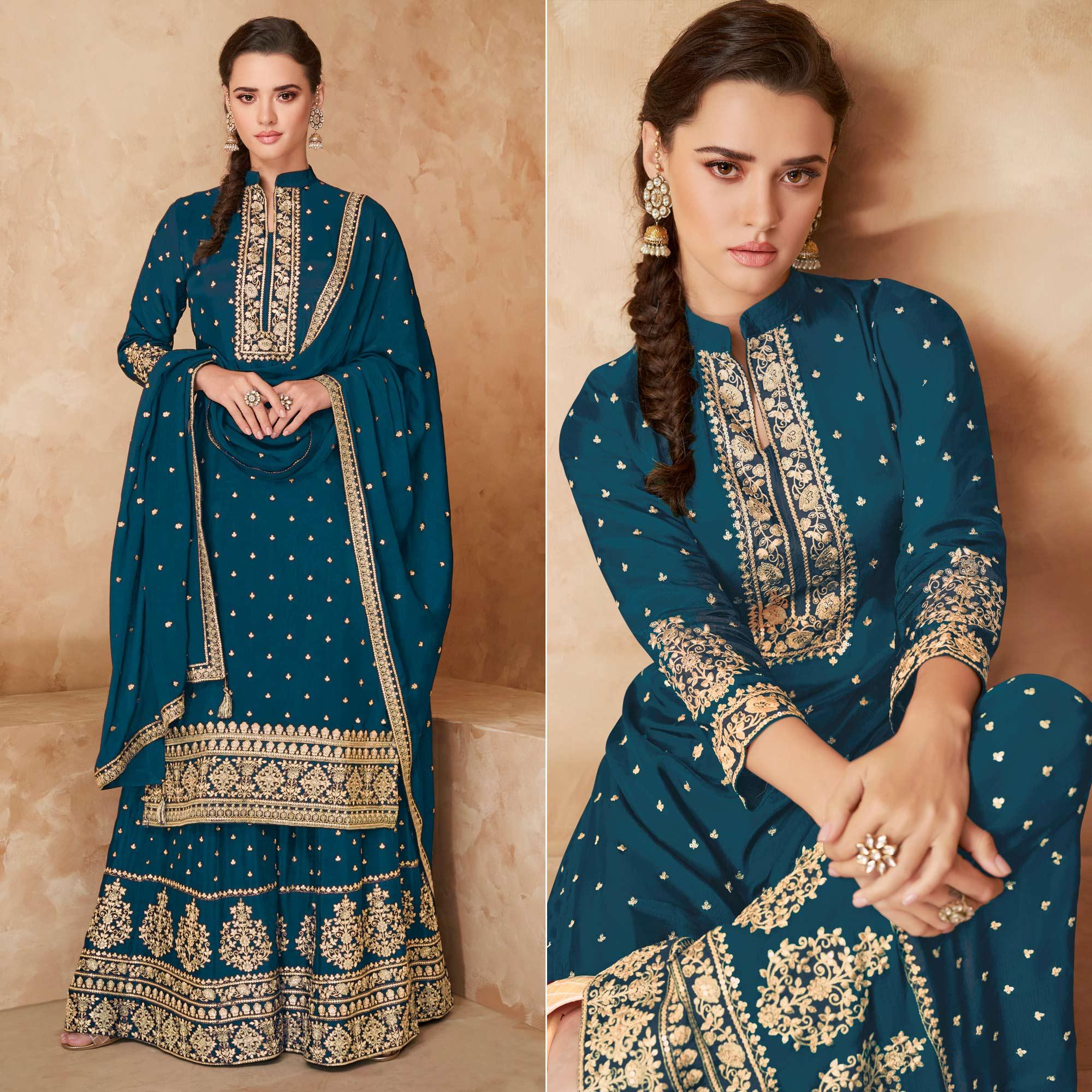 Rama Blue Partywear Embroidered Georgette Palazzo Suit - Peachmode