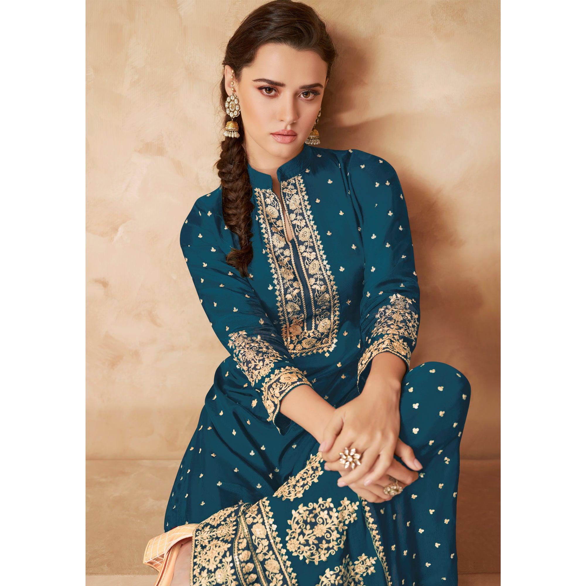 Rama Blue Partywear Embroidered Georgette Palazzo Suit - Peachmode