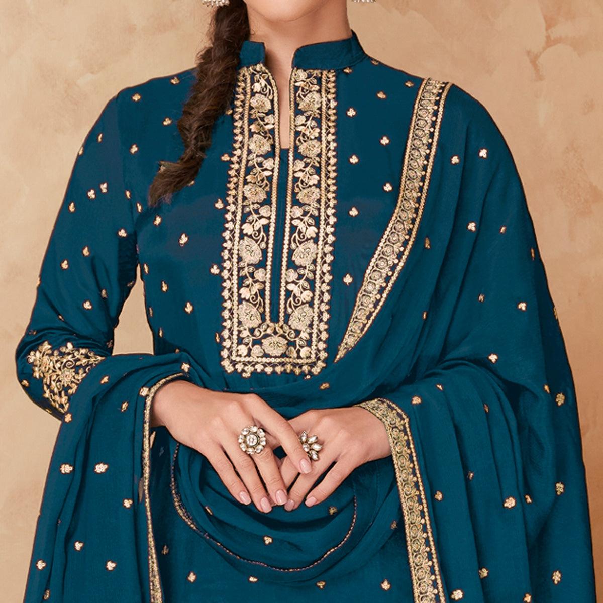 Rama Blue Partywear Embroidered Georgette Palazzo Suit - Peachmode